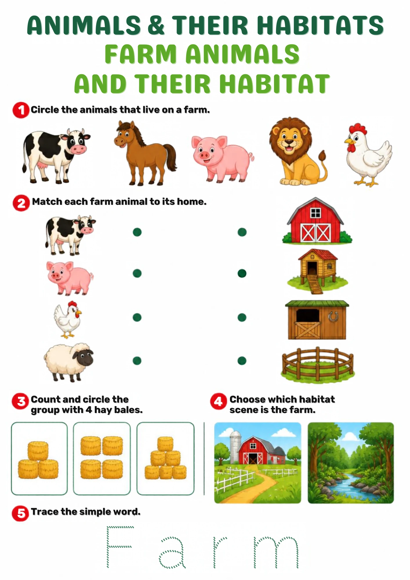 The full Farm Animals and Their Habitat habitat worksheet: Circle the farm team, match cow, pig, hen and sheep to their homes, count the hay bales and trace FARM.