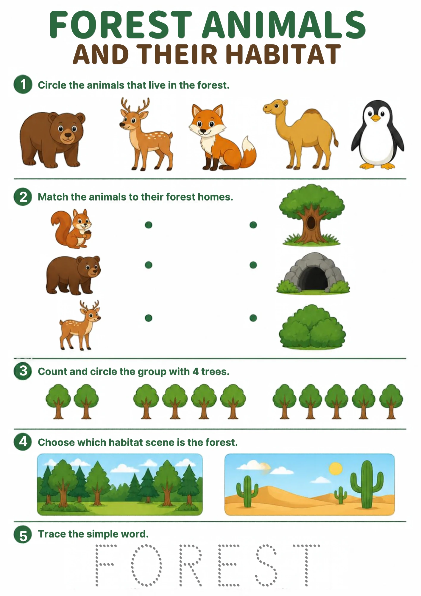 A forest animals worksheet for ages 4–5: circle who lives in the forest, match squirrel, bear and deer to their forest homes, count the trees and trace the word FOREST. Printable.