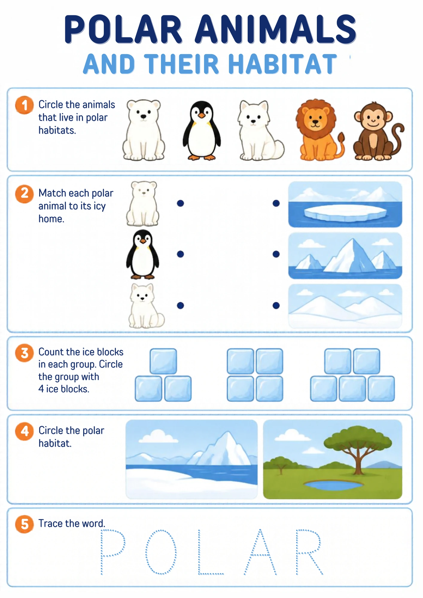 The full Polar Animals and Their Habitat habitat worksheet: Circle who thrives in the ice, match polar bear, penguin and arctic fox to their icy homes, count ice blocks and trace POLAR.