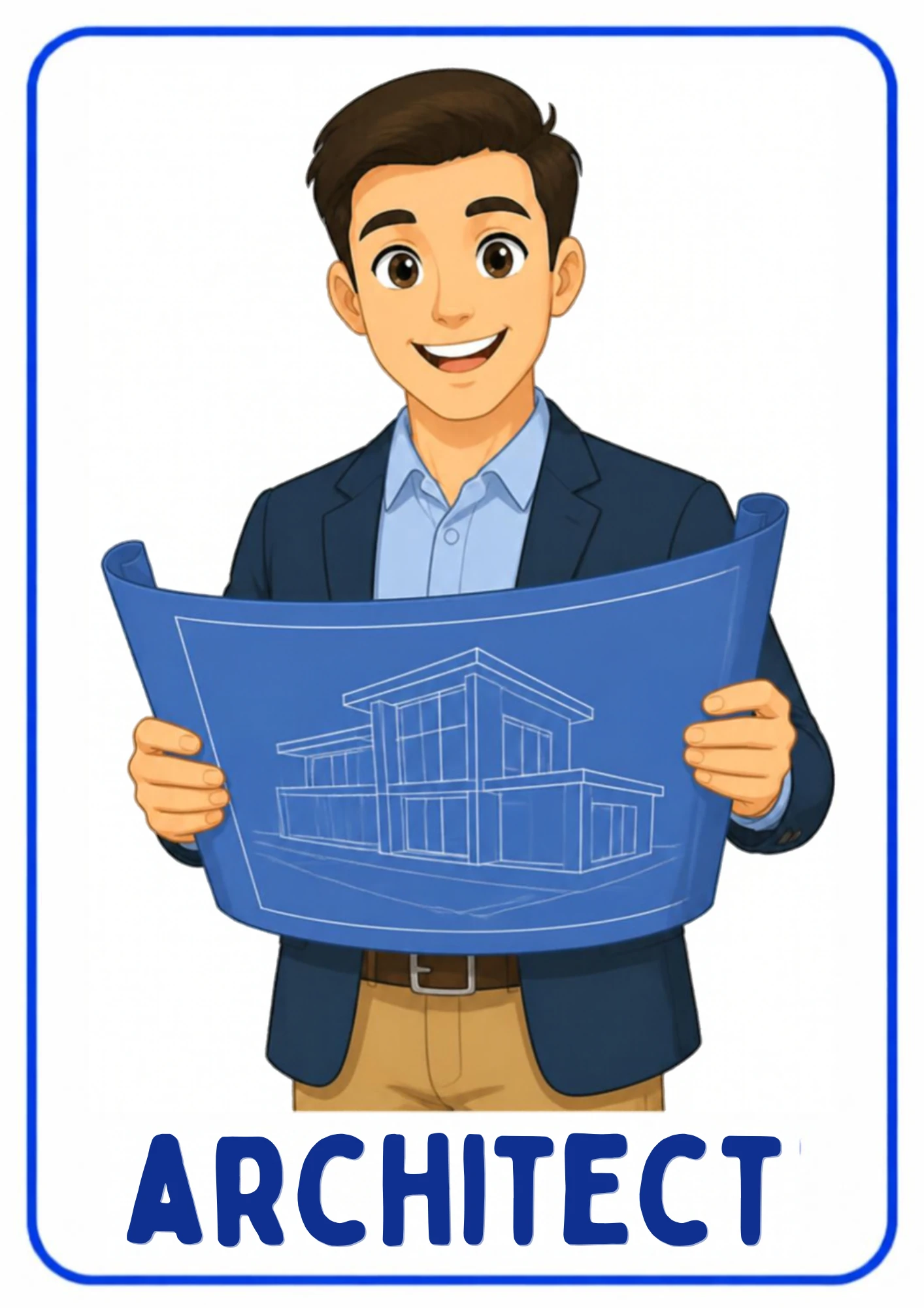 A community helpers flashcard: an illustrated architect drawing plans for buildings, from the Kiddo School set for ages 4–5.