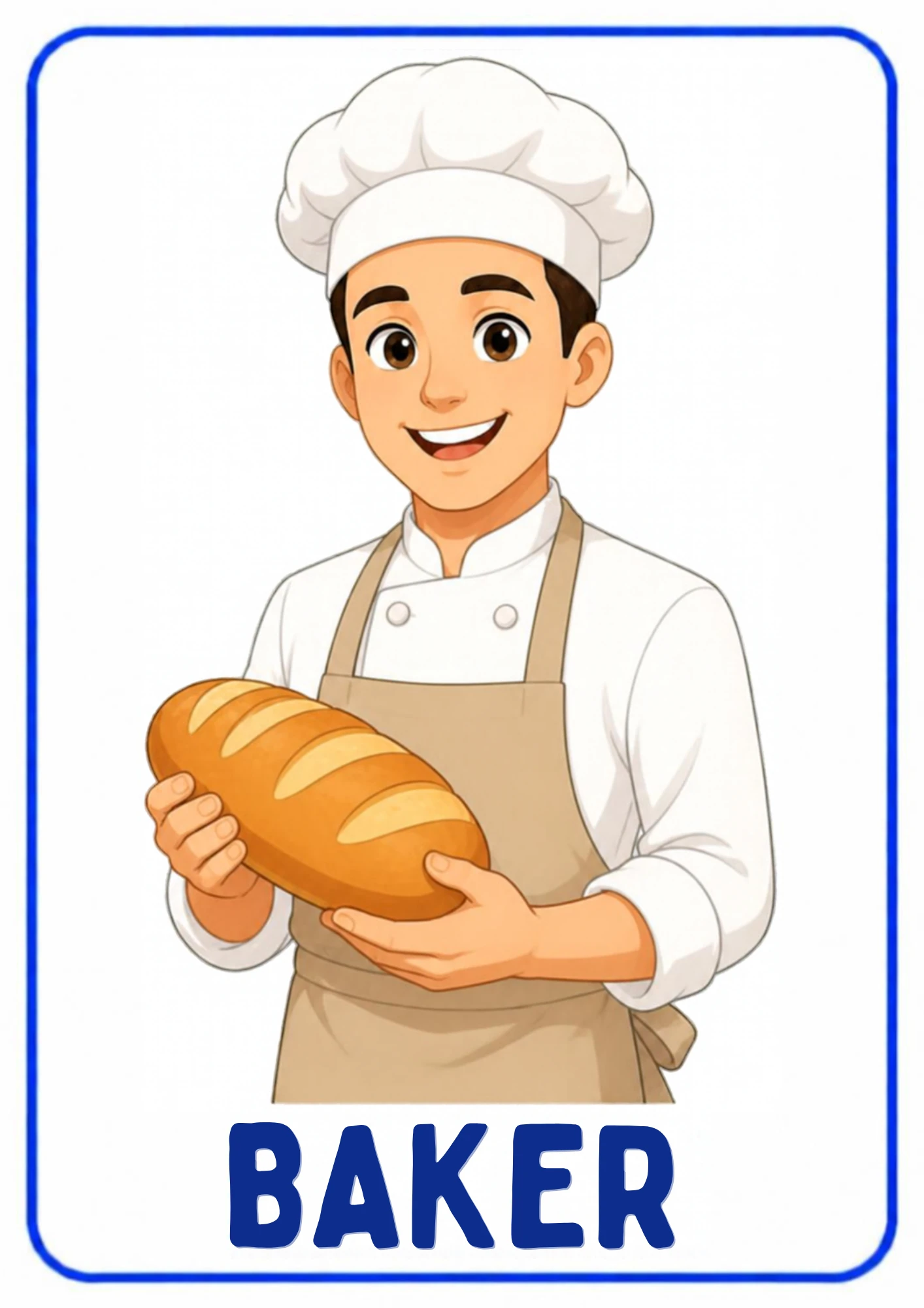 A community helpers flashcard: an illustrated baker baking bread and treats, from the Kiddo School set for ages 4–5.