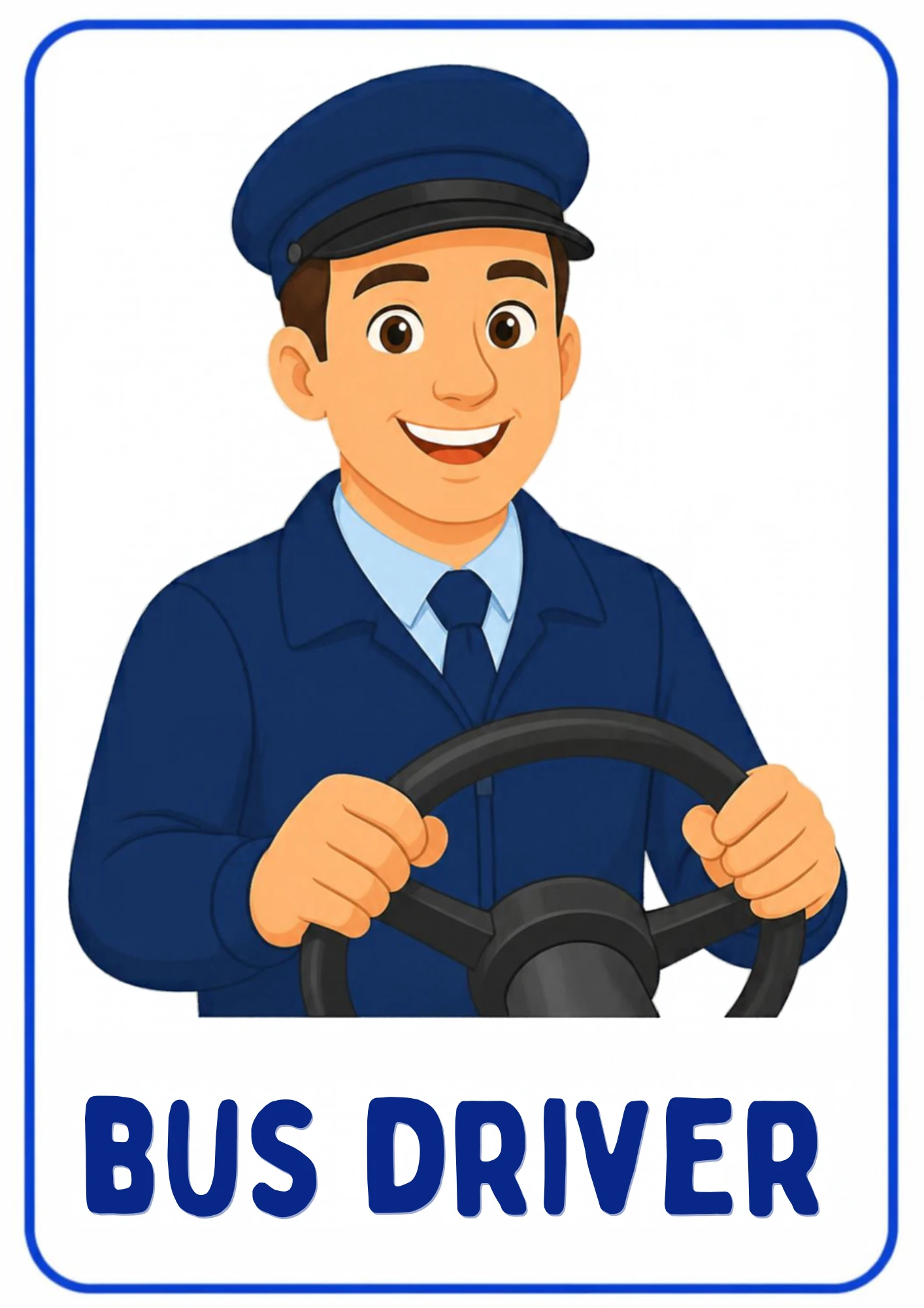 A community helpers flashcard: an illustrated bus driver taking people around the neighborhood, from the Kiddo School set for ages 4–5.