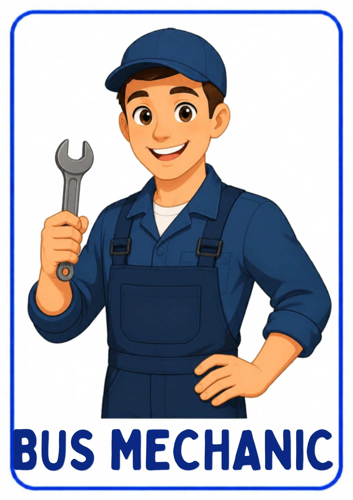 A community helpers flashcard: an illustrated bus mechanic keeping the big buses safe, from the Kiddo School set for ages 4–5.