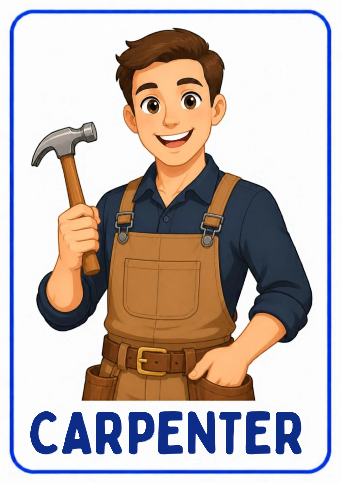 A community helpers flashcard: an illustrated carpenter building with wood, from the Kiddo School set for ages 4–5.