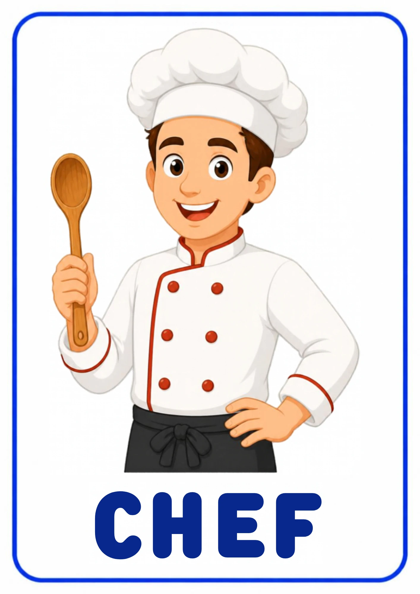 A community helpers flashcard: an illustrated chef cooking meals in a kitchen, from the Kiddo School set for ages 4–5.