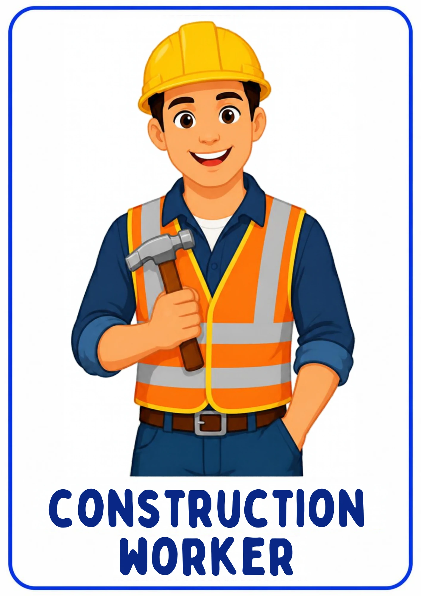 A community helpers flashcard: an illustrated construction worker building homes and roads, from the Kiddo School set for ages 4–5.