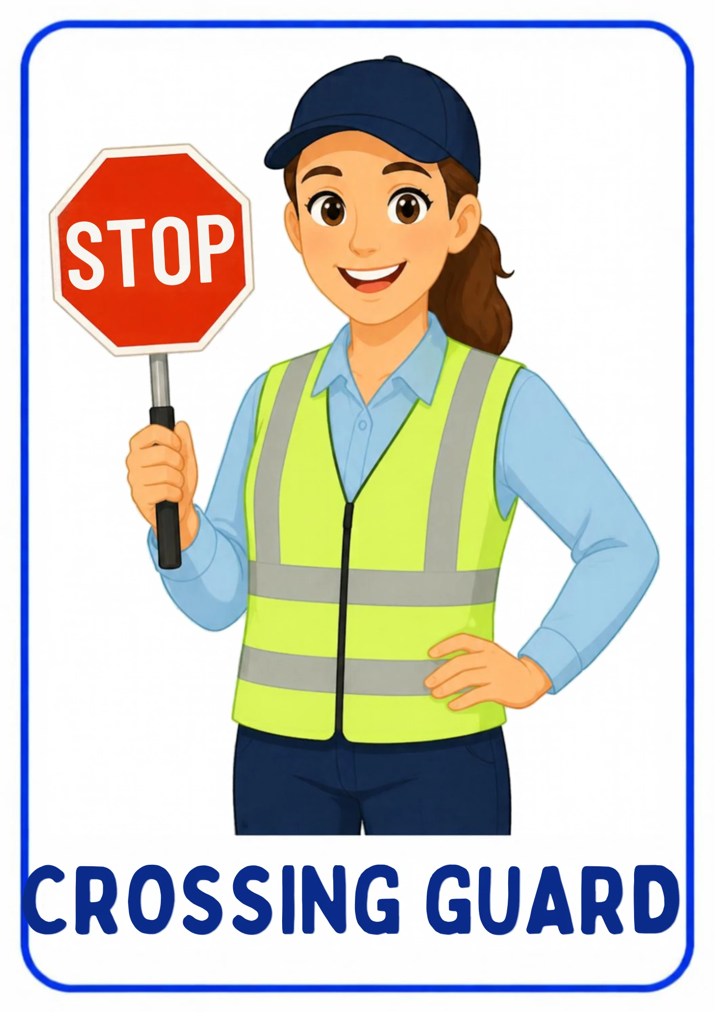 A community helpers flashcard: an illustrated crossing guard helping children cross the street safely, from the Kiddo School set for ages 4–5.