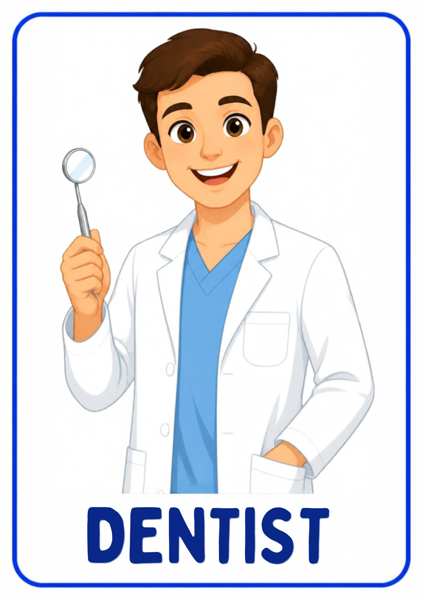 A community helpers flashcard: an illustrated dentist keeping teeth healthy, from the Kiddo School set for ages 4–5.