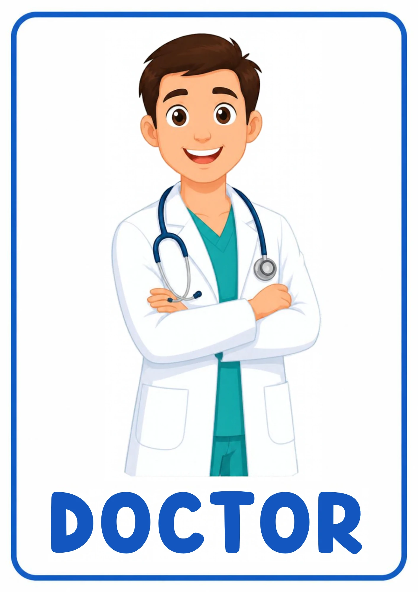 A community helpers flashcard: an illustrated doctor ready to help patients, from the Kiddo School set for ages 4–5.