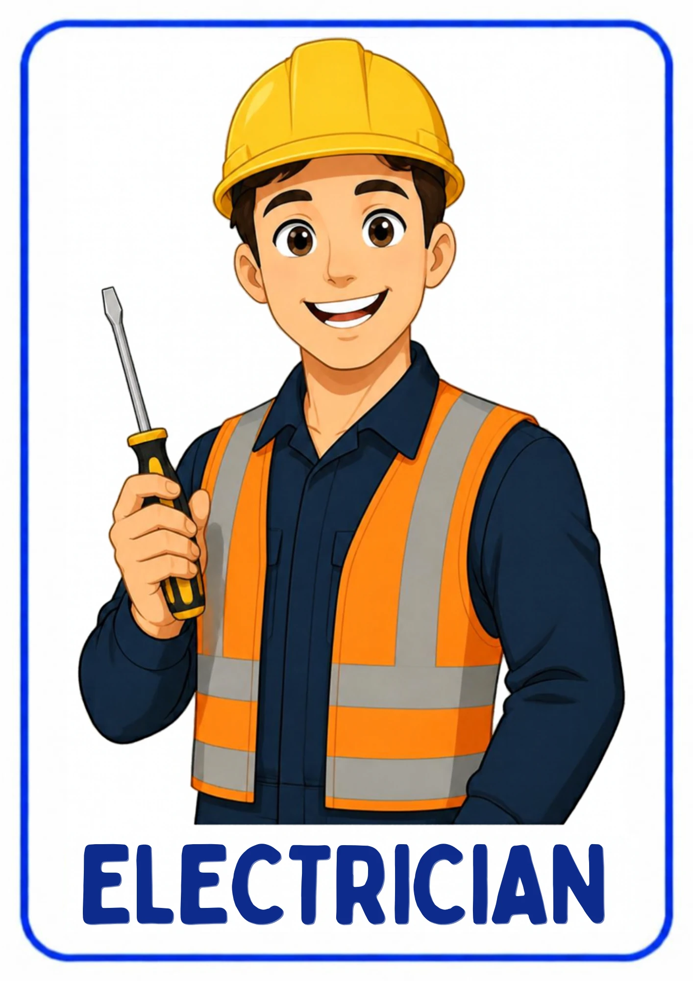 A community helpers flashcard: an illustrated electrician working safely with wires and power, from the Kiddo School set for ages 4–5.