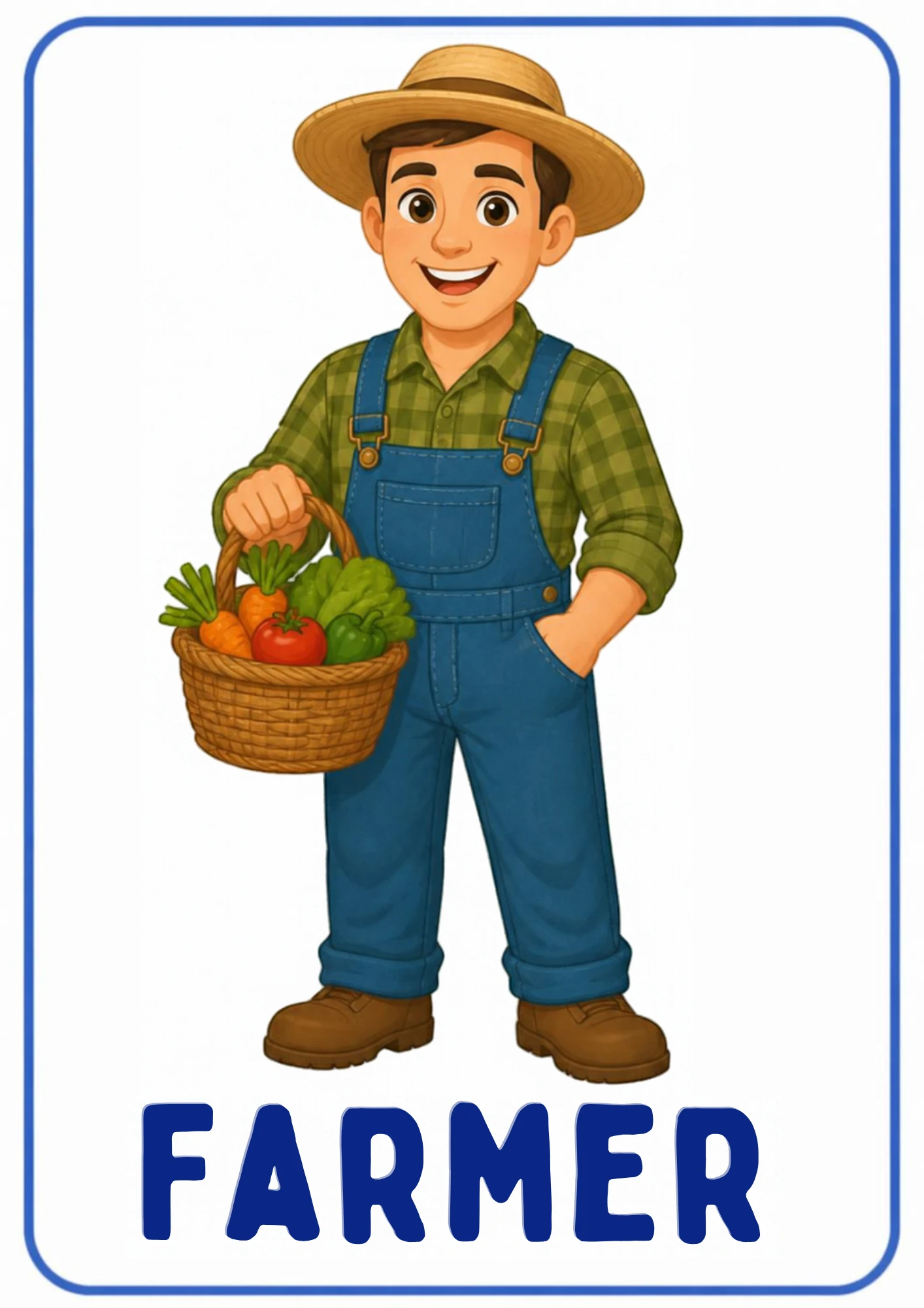 A community helpers flashcard: an illustrated farmer growing food for the community, from the Kiddo School set for ages 4–5.