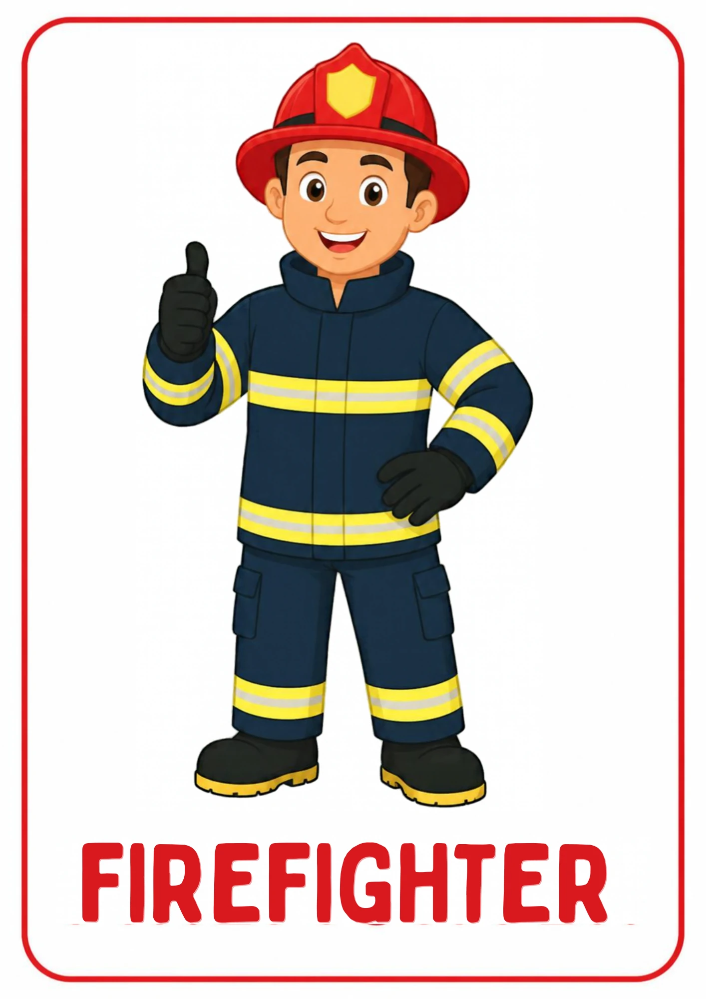 A community helpers flashcard: an illustrated firefighter ready to put out fires and help people, from the Kiddo School set for ages 4–5.