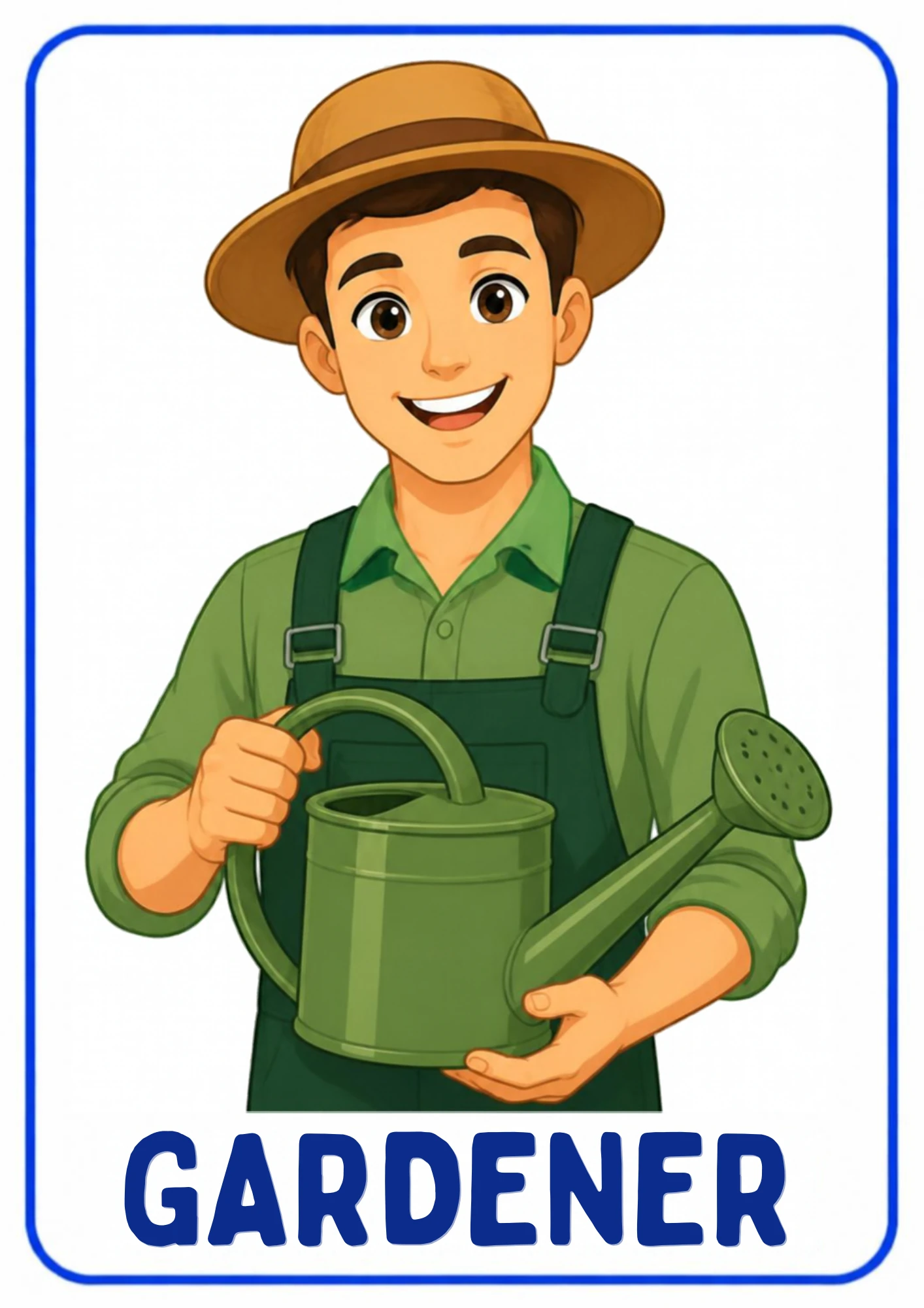 A community helpers flashcard: an illustrated gardener caring for plants and gardens, from the Kiddo School set for ages 4–5.