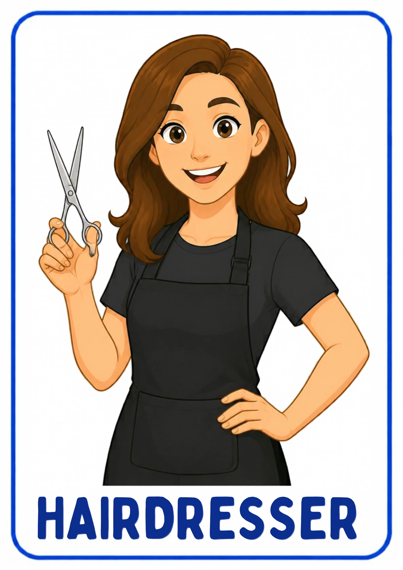 A community helpers flashcard: an illustrated hairdresser cutting and styling hair, from the Kiddo School set for ages 4–5.