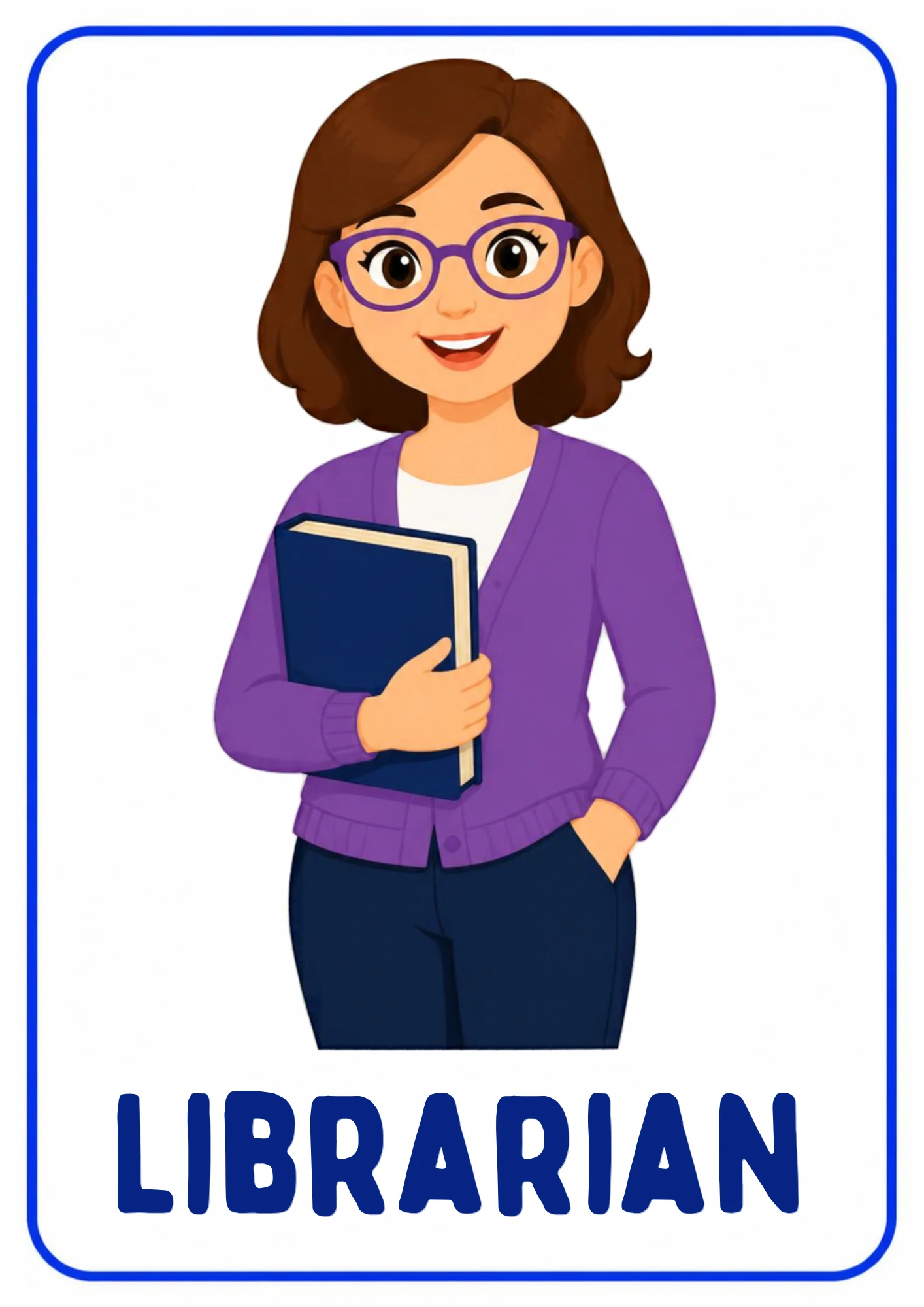 A community helpers flashcard: an illustrated librarian who shares books and stories, from the Kiddo School set for ages 4–5.