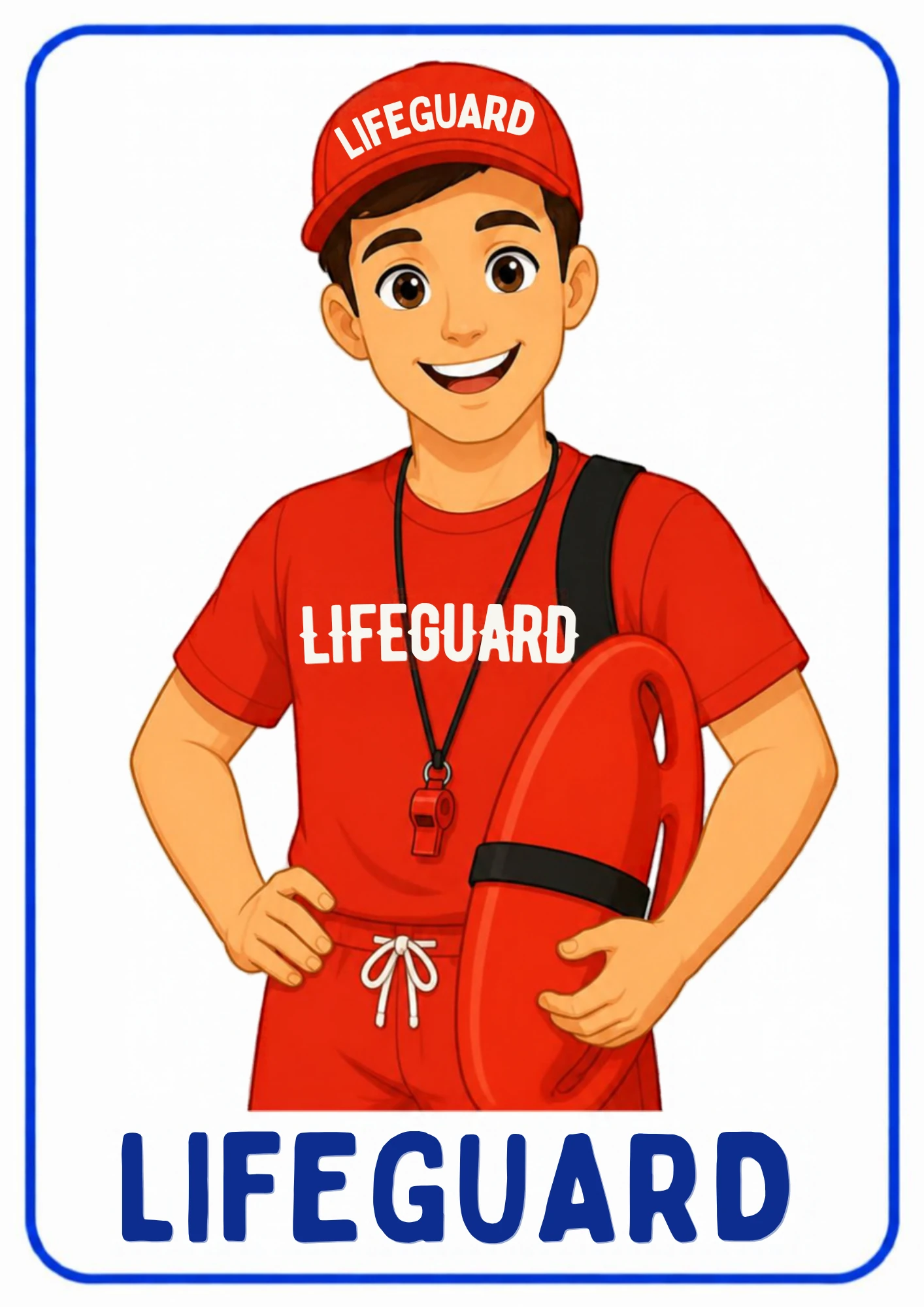 A community helpers flashcard: an illustrated lifeguard watching over swimmers at the water, from the Kiddo School set for ages 4–5.