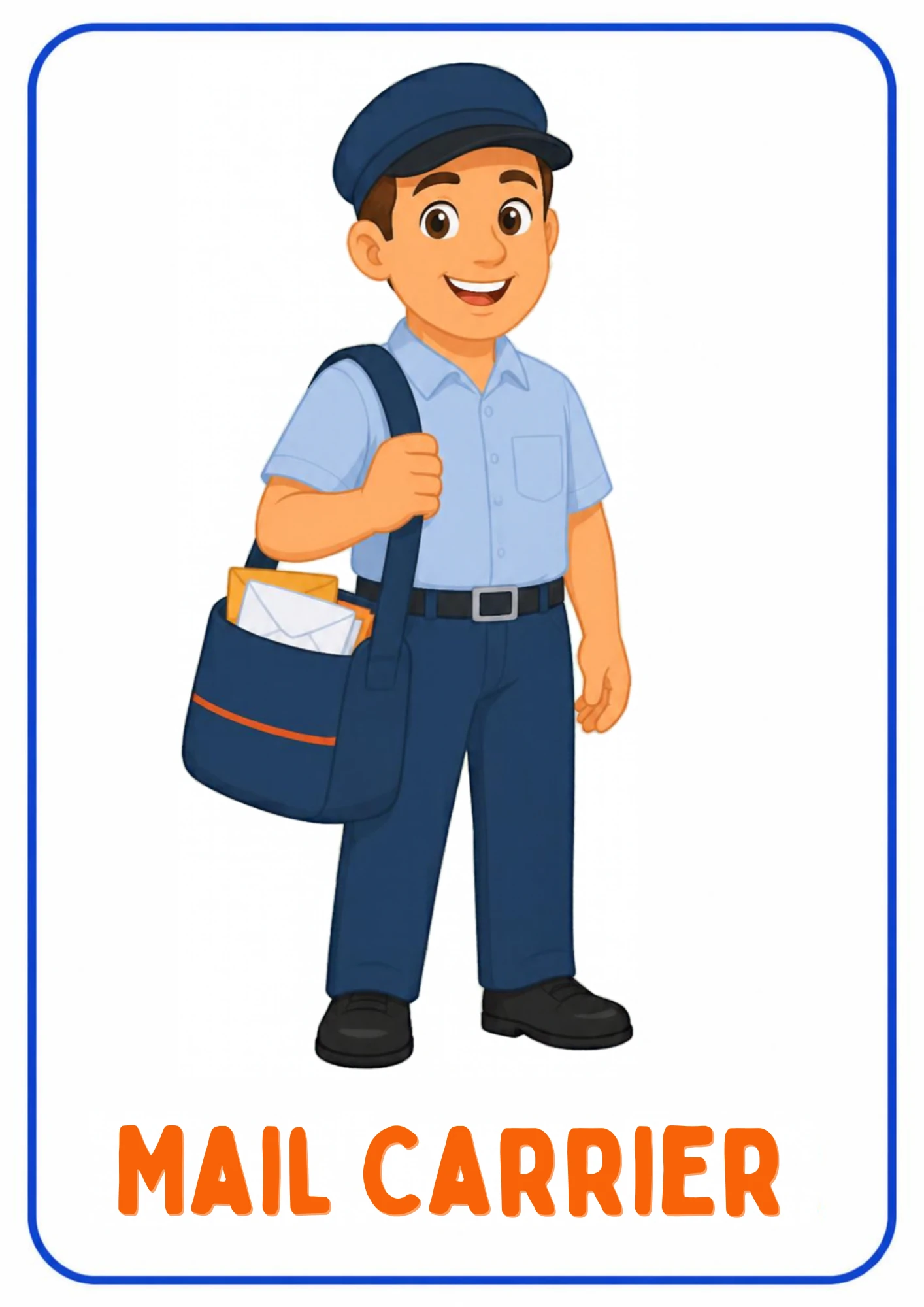 A community helpers flashcard: an illustrated mail carrier delivering letters and parcels, from the Kiddo School set for ages 4–5.