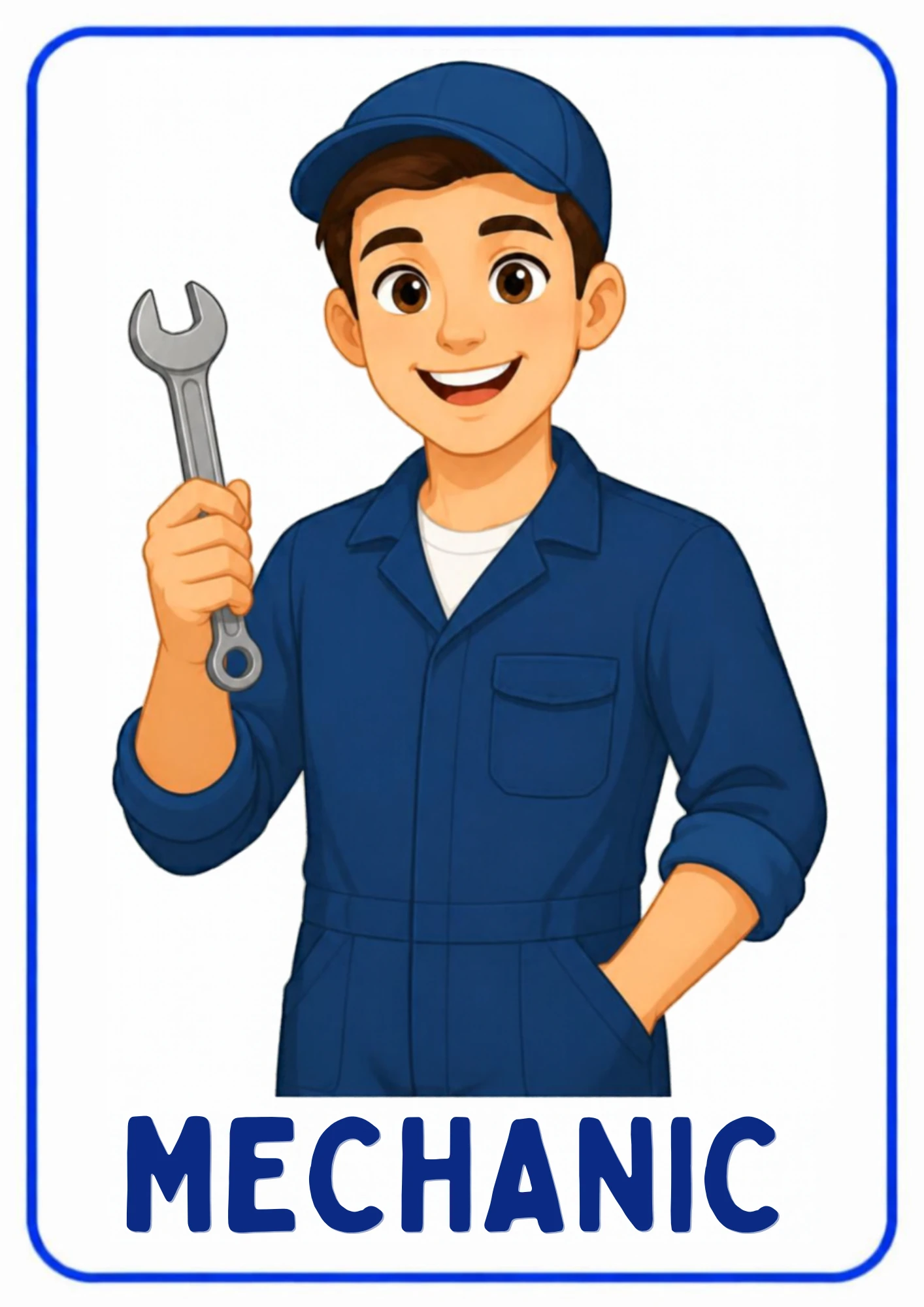 A community helpers flashcard: an illustrated mechanic fixing cars in a garage, from the Kiddo School set for ages 4–5.