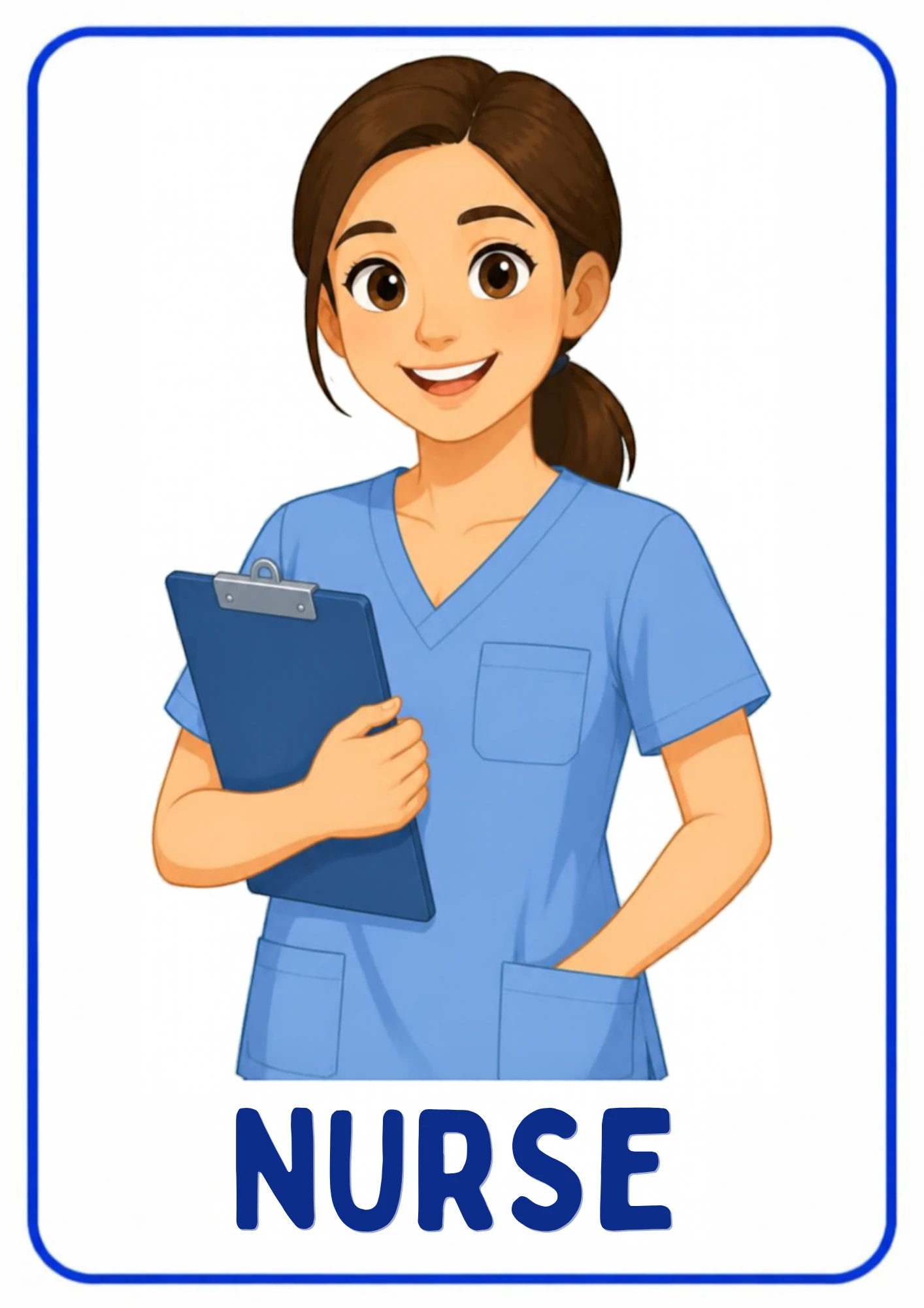 A community helpers flashcard: an illustrated nurse caring for people, from the Kiddo School set for ages 4–5.