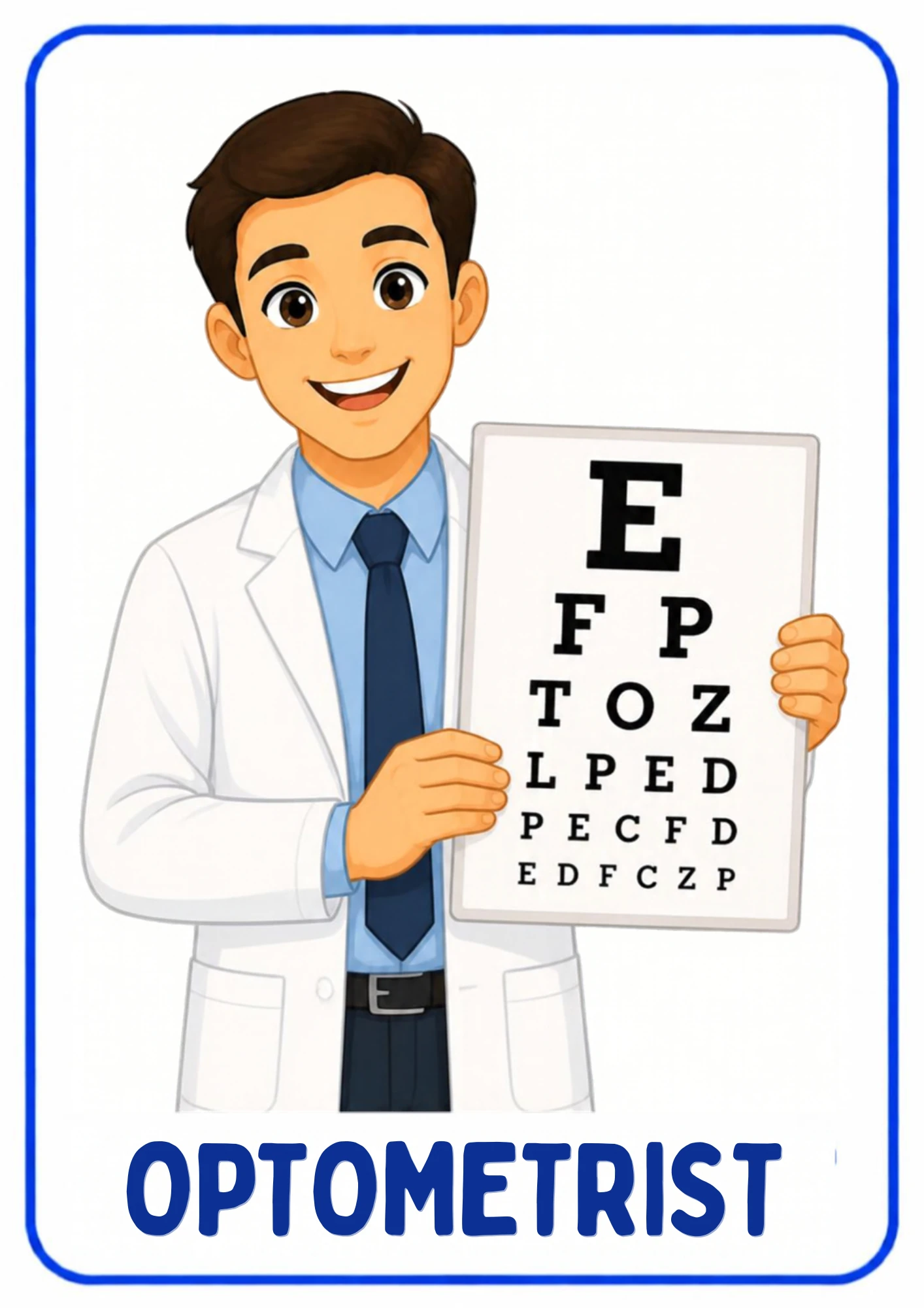 A community helpers flashcard: an illustrated optometrist checking eyes and fitting glasses, from the Kiddo School set for ages 4–5.