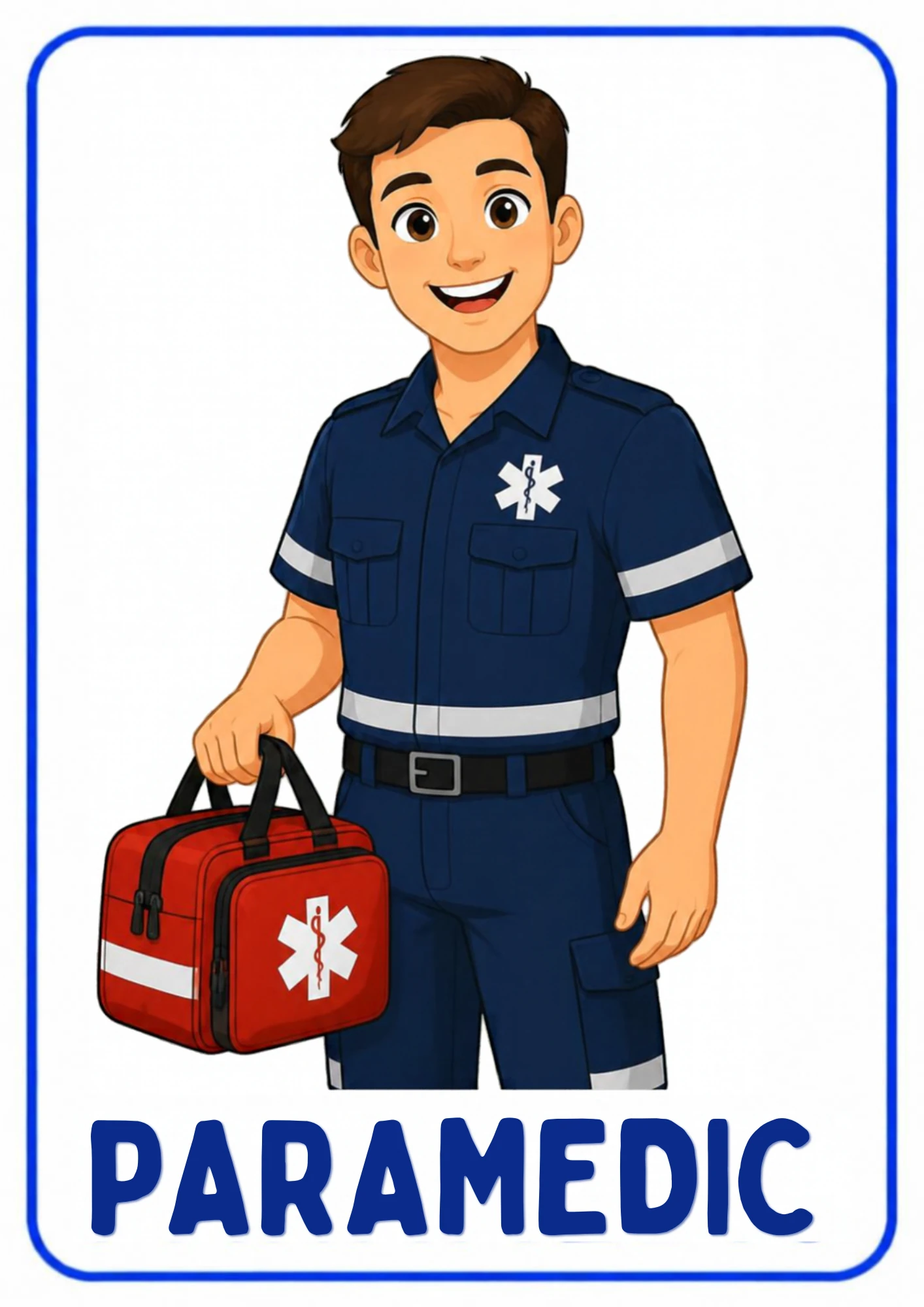 A community helpers flashcard: an illustrated paramedic who rides an ambulance to help in emergencies, from the Kiddo School set for ages 4–5.