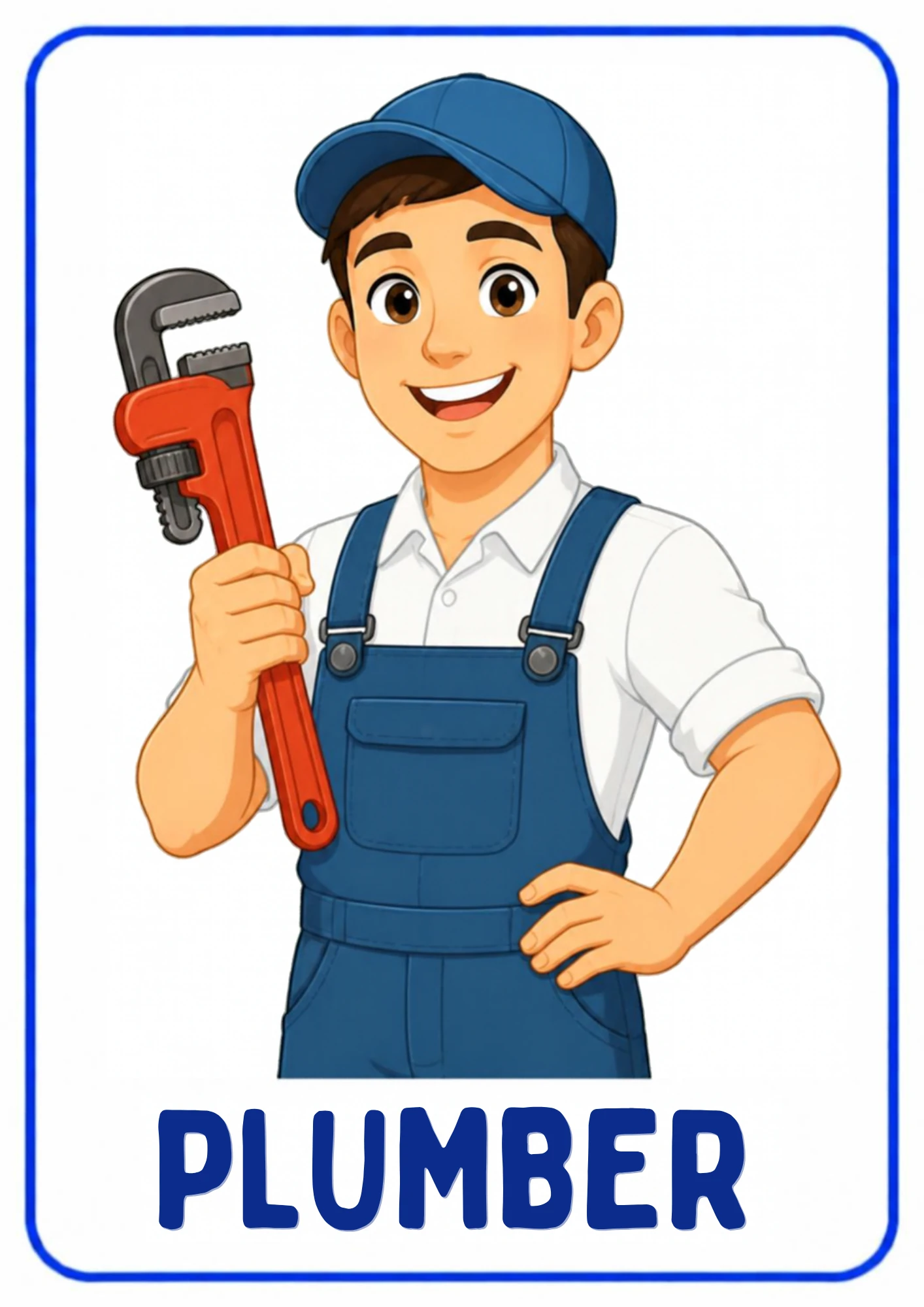 A community helpers flashcard: an illustrated plumber fixing pipes and water, from the Kiddo School set for ages 4–5.