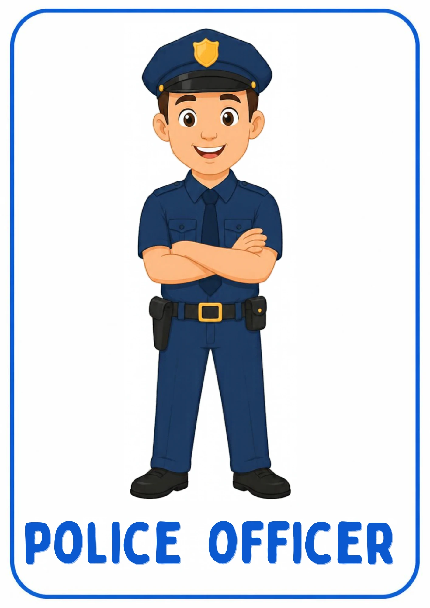 A community helpers flashcard: an illustrated police officer who keeps the neighborhood safe, from the Kiddo School set for ages 4–5.