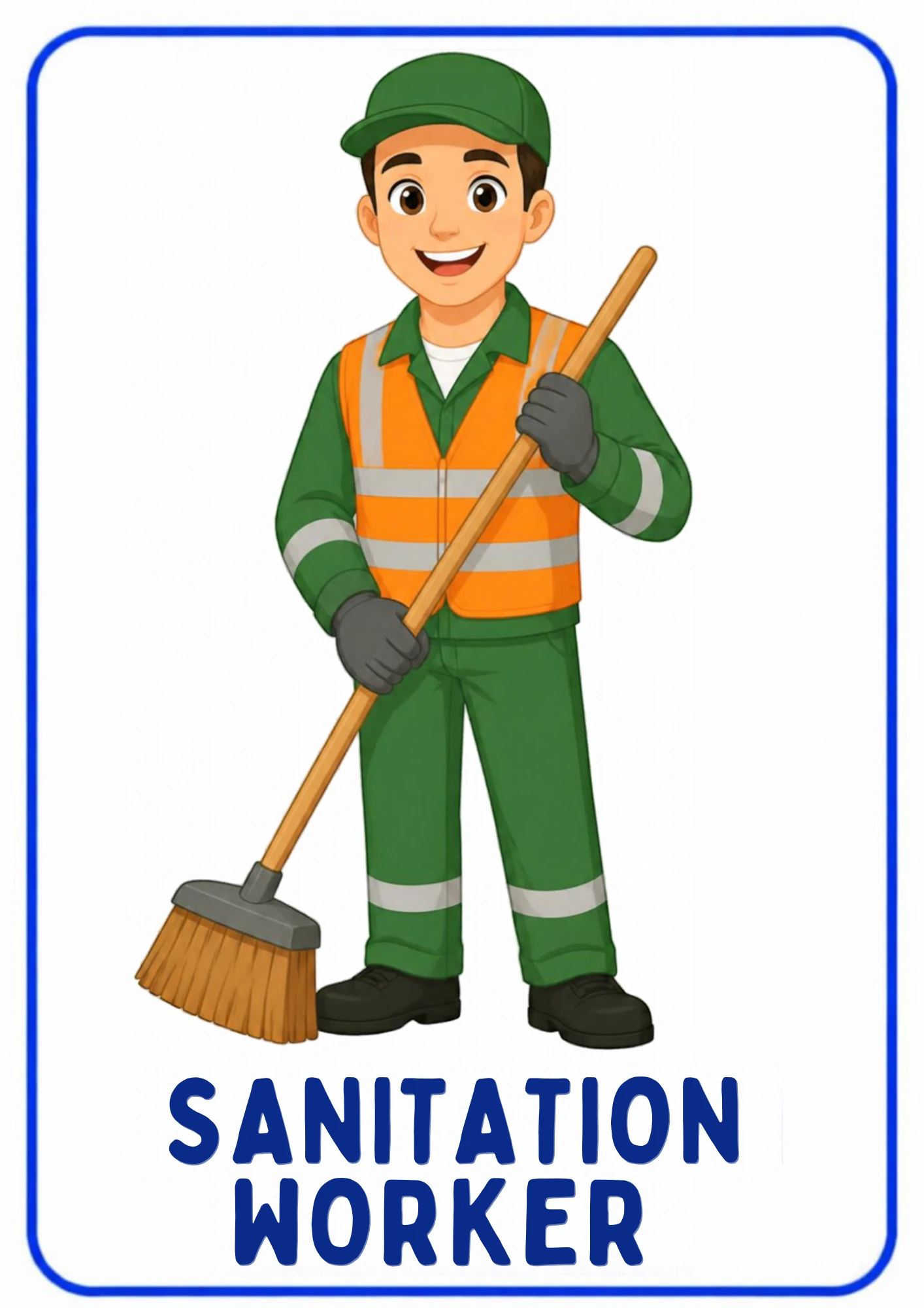 A community helpers flashcard: an illustrated sanitation worker collecting waste to keep the neighborhood clean, from the Kiddo School set for ages 4–5.