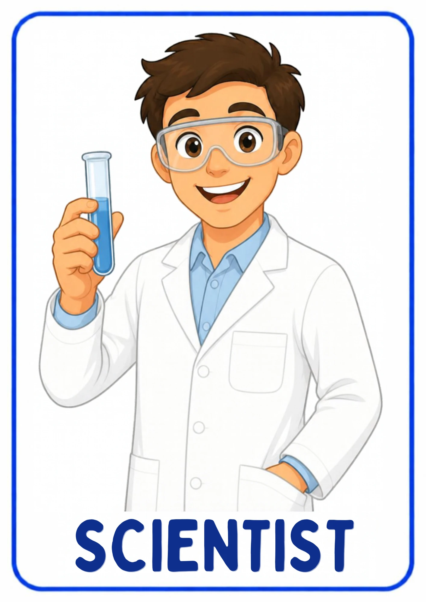 A community helpers flashcard: an illustrated scientist making discoveries, from the Kiddo School set for ages 4–5.