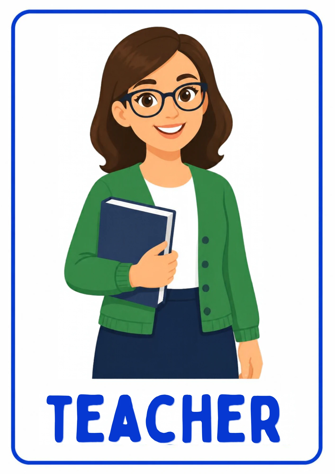 A community helpers flashcard: an illustrated teacher helping children learn, from the Kiddo School set for ages 4–5.