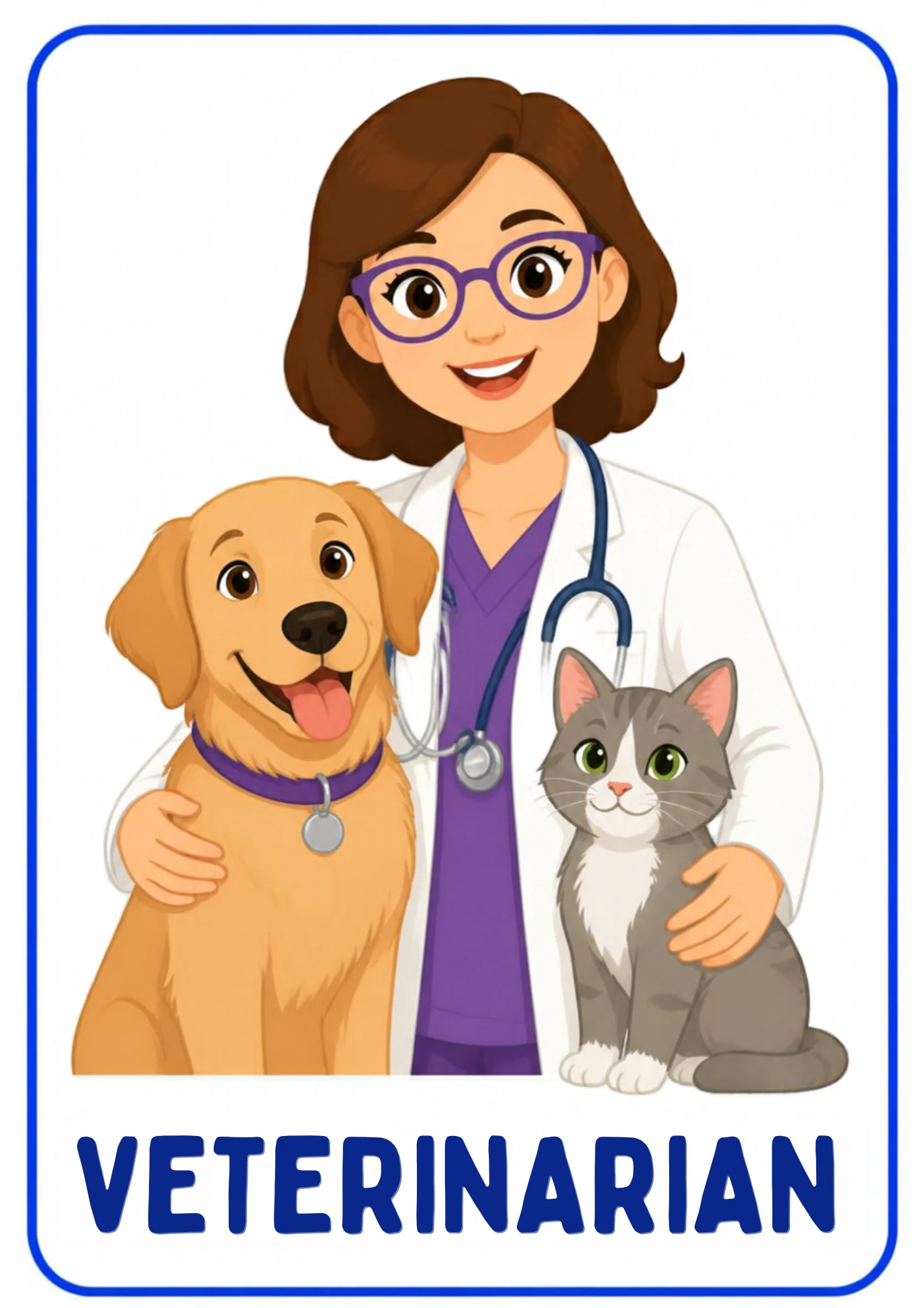 A community helpers flashcard: an illustrated veterinarian caring for animals, from the Kiddo School set for ages 4–5.