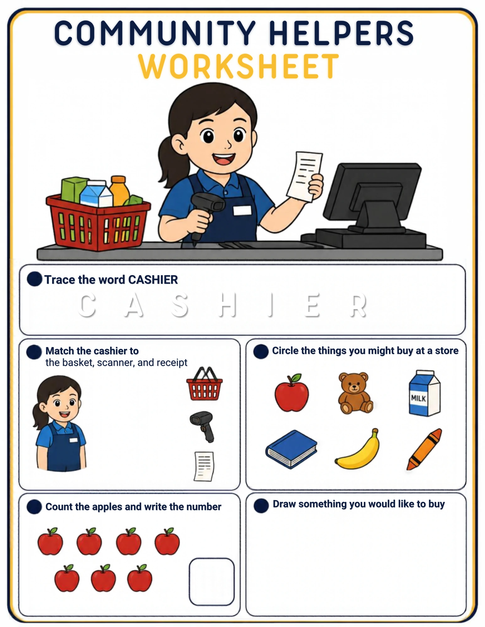 A community-helpers worksheet for ages 4–5: trace the word CASHIER, match the cashier to the basket, scanner and receipt, circle the store things, count the apples and draw something you would like to buy — on screen or on paper.