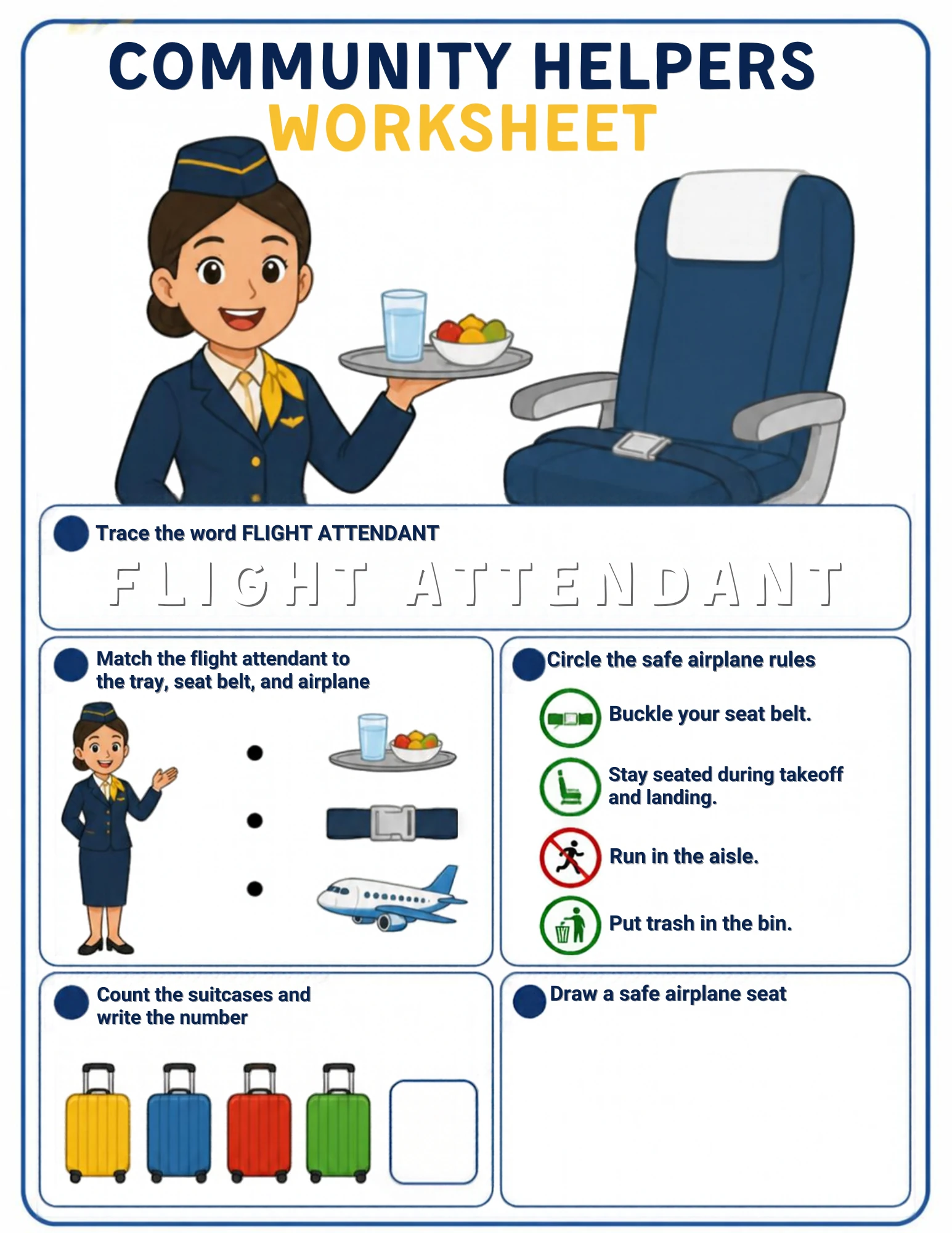 A community-helpers worksheet for ages 4–5: trace the words FLIGHT ATTENDANT, match the attendant to the tray, seat belt and airplane, circle the safe flying rules, count the suitcases and draw a safe seat — on screen or on paper.