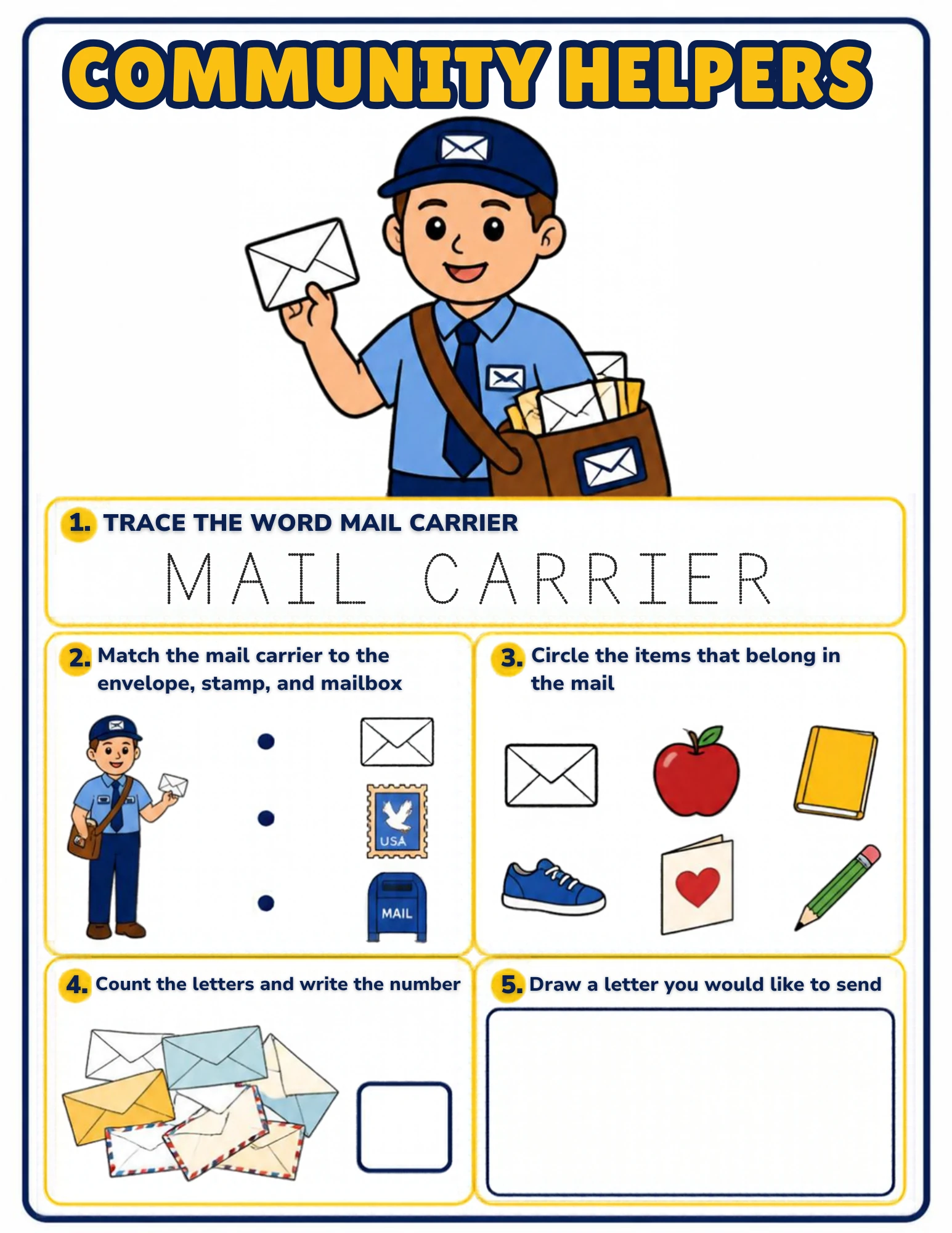 A community-helpers worksheet for ages 4–5: trace the words MAIL CARRIER, match the carrier to the envelope, stamp and mailbox, circle what travels in the mail, count the letters and draw a letter to send — on screen or on paper.