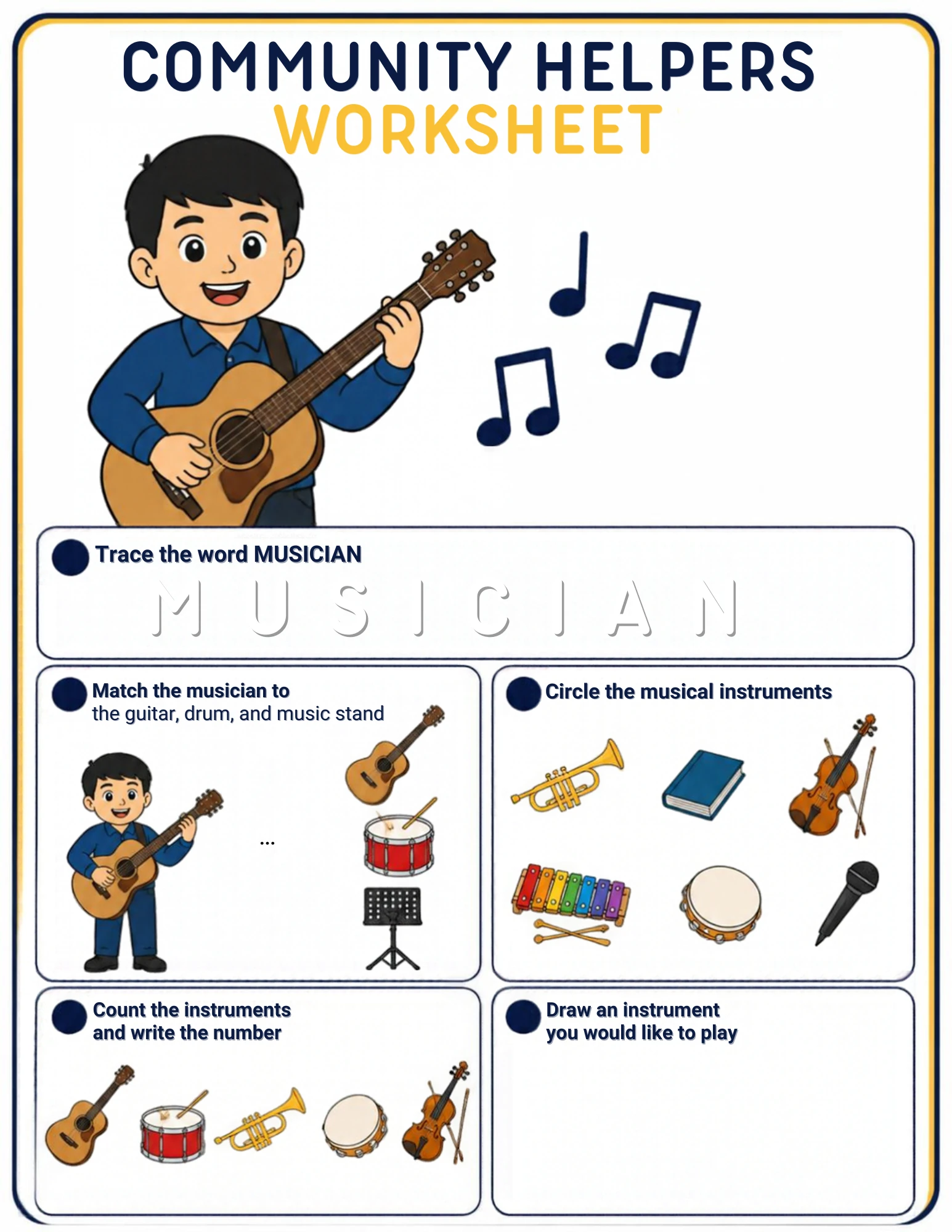 A community-helpers worksheet for ages 4–5: trace the word MUSICIAN, match the musician to the guitar, drum and music stand, circle the instruments, count them and draw one you would like to play — on screen or on paper.