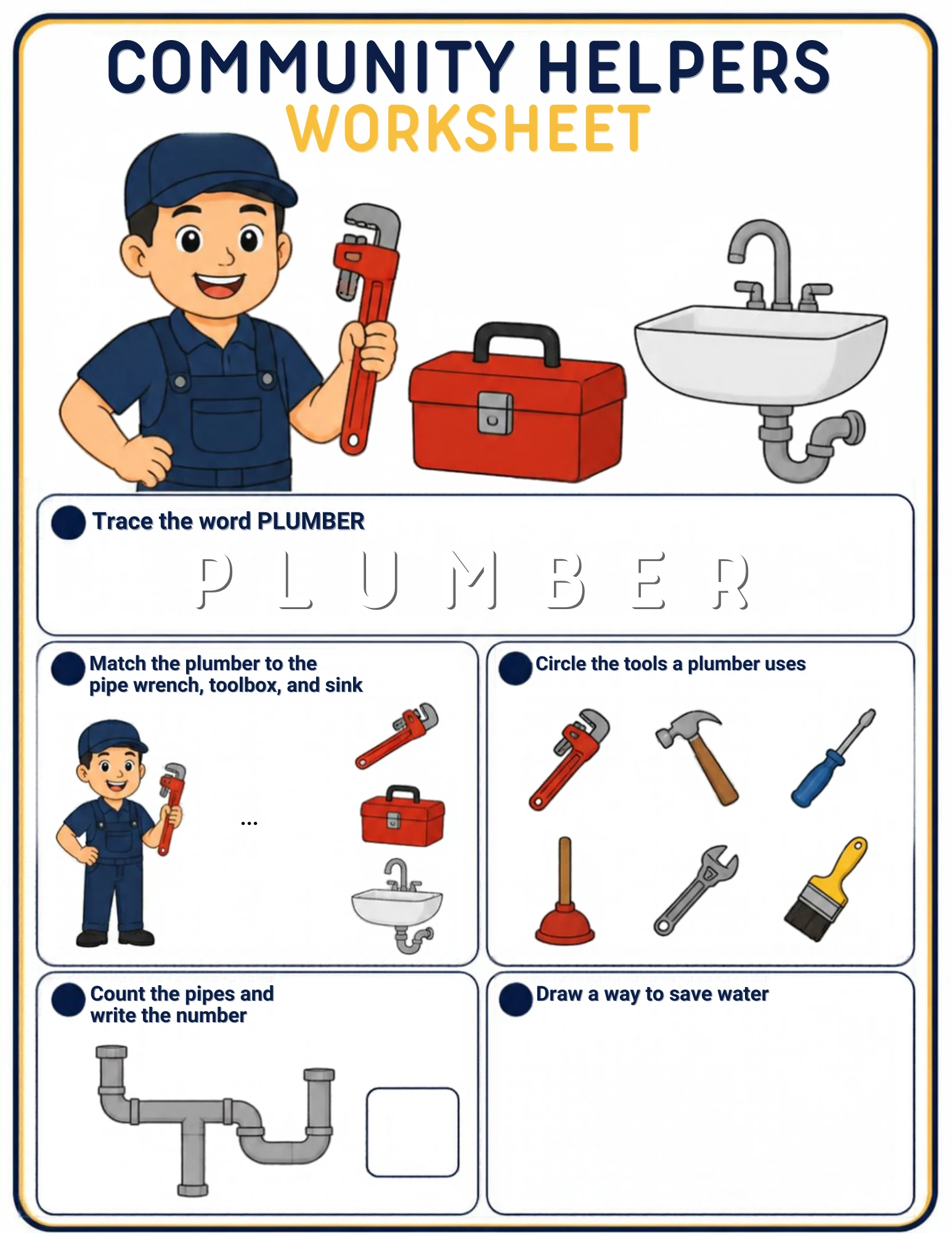 A community-helpers worksheet for ages 4–5: trace the word PLUMBER, match the plumber to the pipe wrench, toolbox and sink, circle the plumber’s tools, count the pipes and draw a way to save water — on screen or on paper.