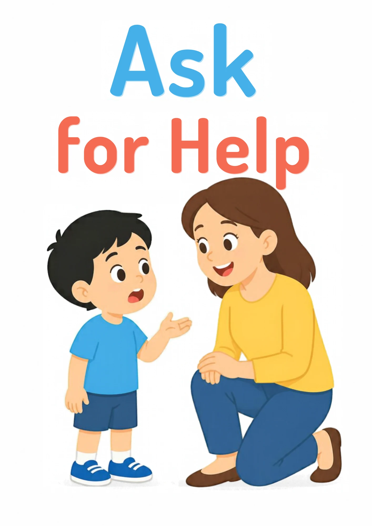 A life-skills flashcard: a boy asking a trusted grown-up for help.