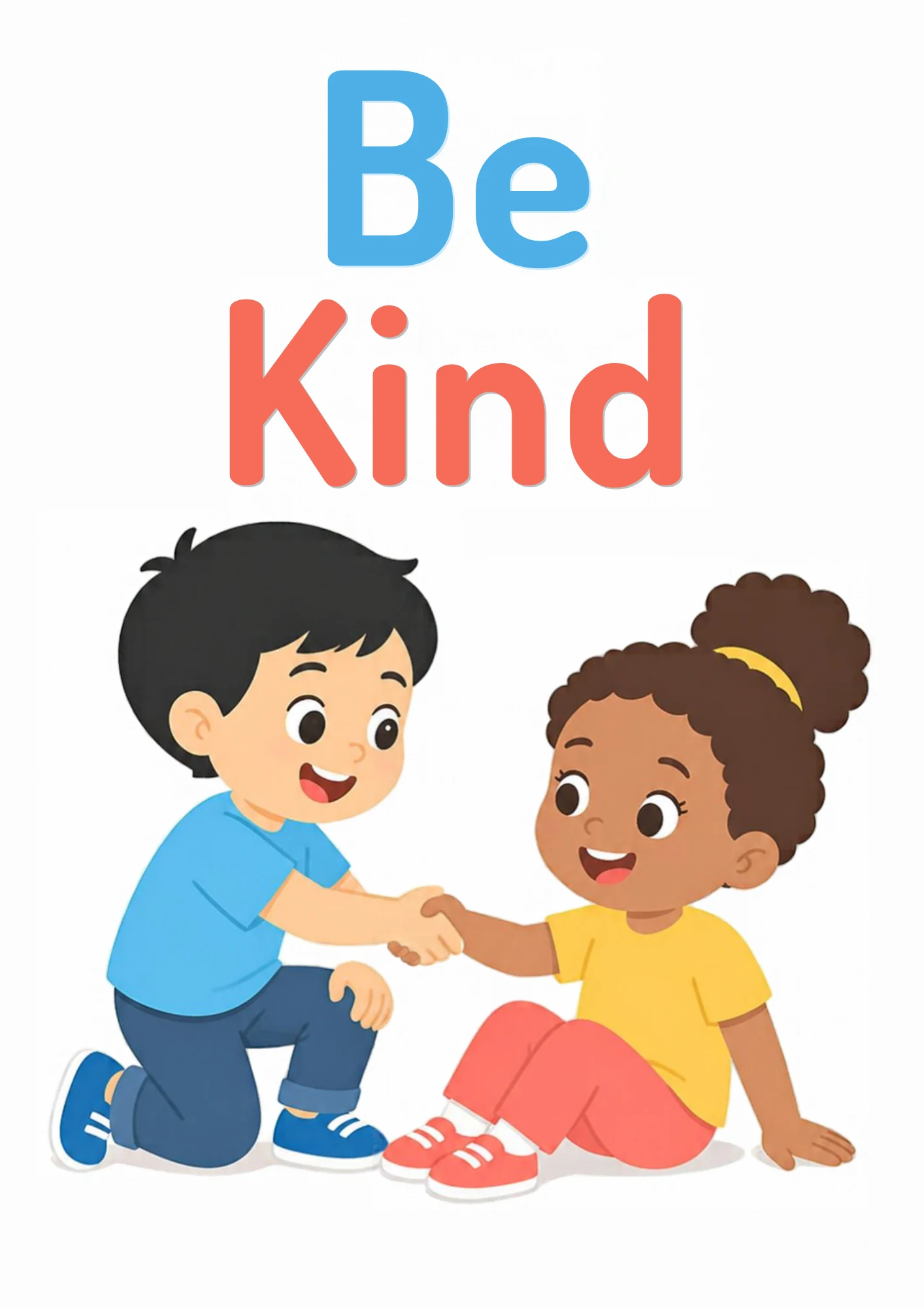 A life-skills flashcard: two children greeting each other with kind hands and smiles.