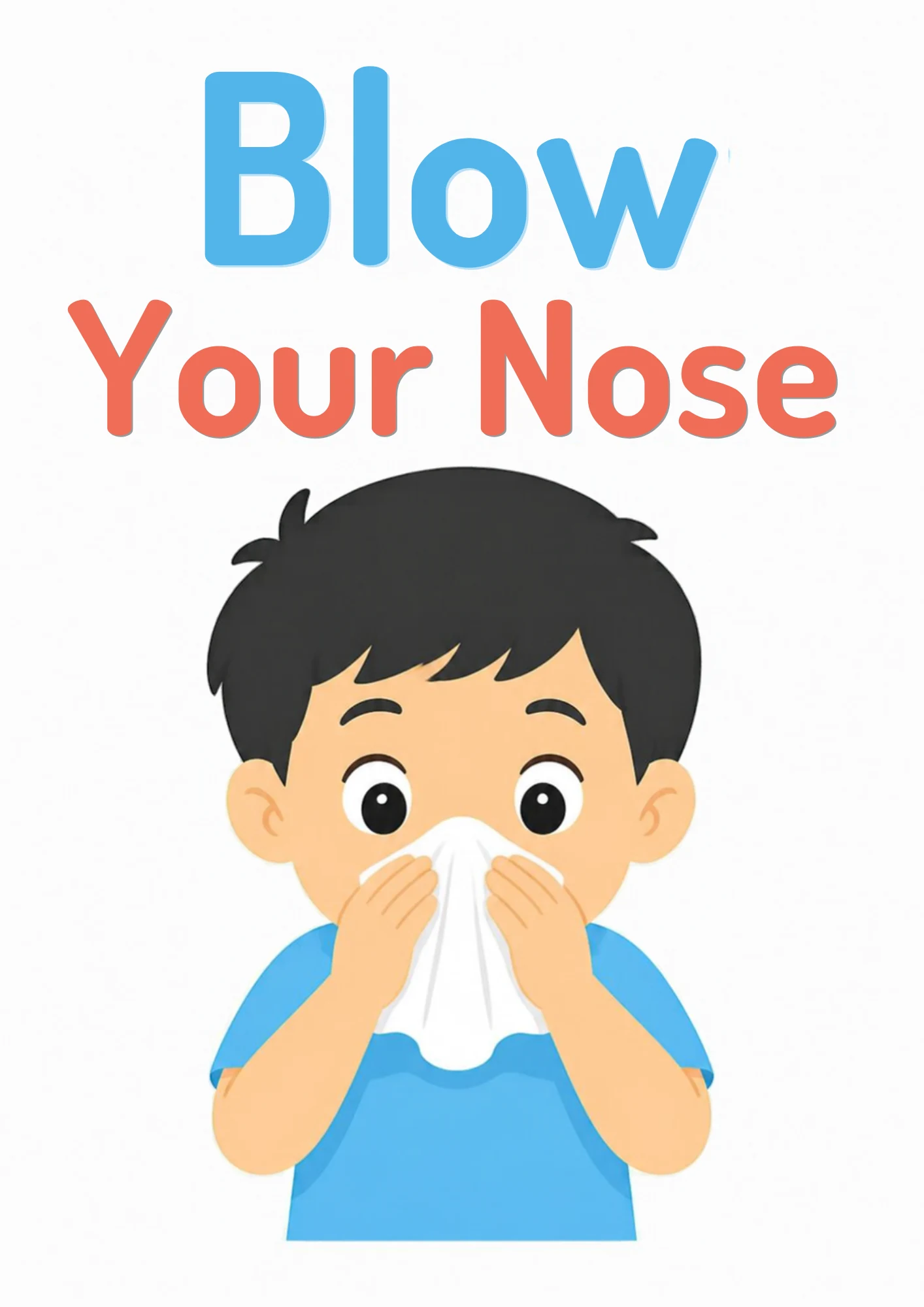 A life-skills flashcard: a boy gently blowing his nose into a tissue.