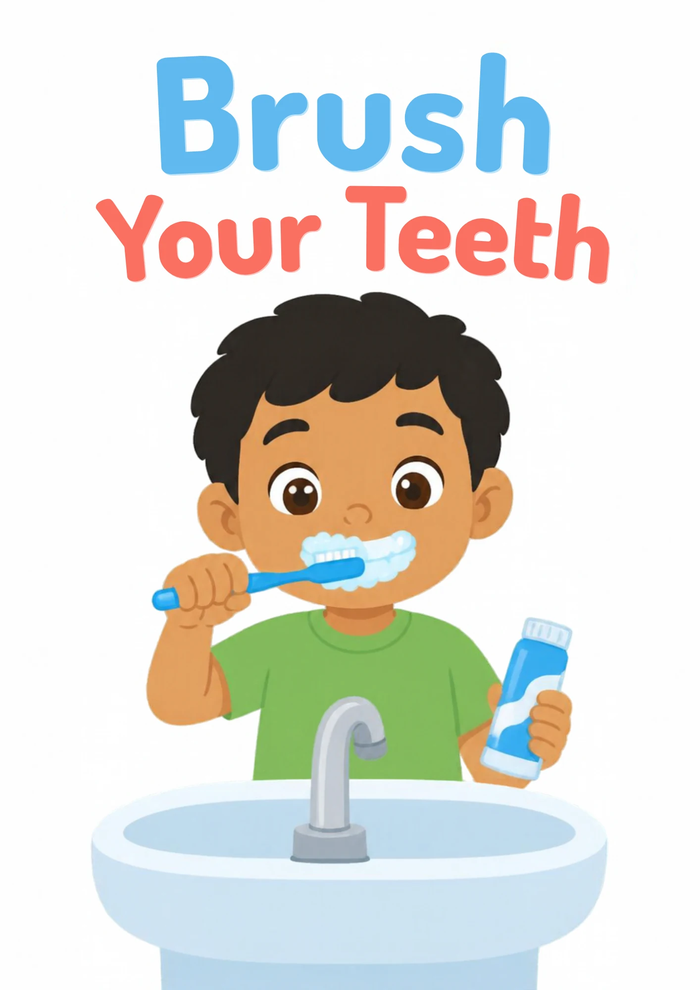 A life-skills flashcard: a boy brushing his teeth with a toothbrush and toothpaste at a bathroom sink.