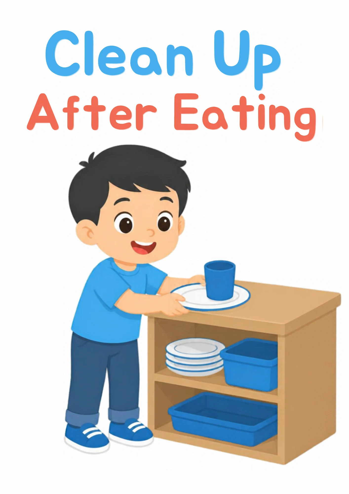 A life-skills flashcard: a boy putting his plate and cup away on a shelf after eating.