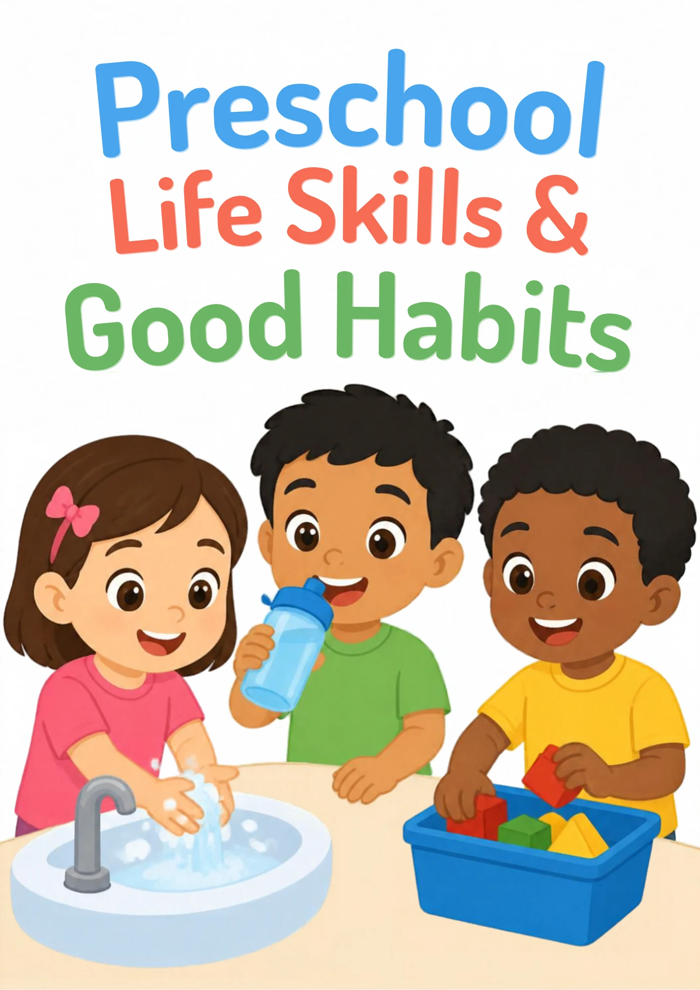 Cover of the Life Skills & Good Habits flashcard set: the title over three children washing hands, drinking water and playing with building blocks.