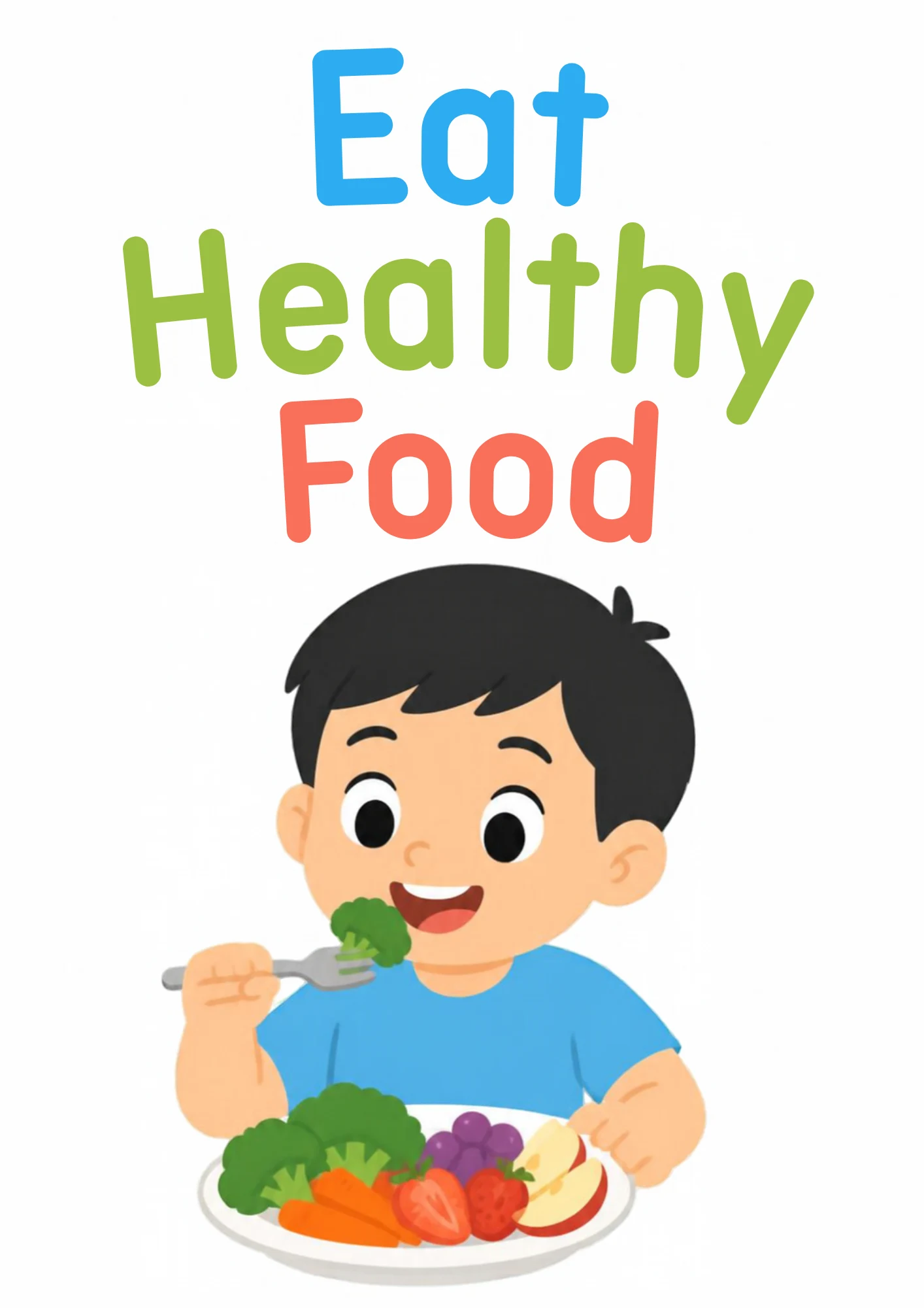 A life-skills flashcard: a boy happily eating a healthy meal of vegetables and fruit.