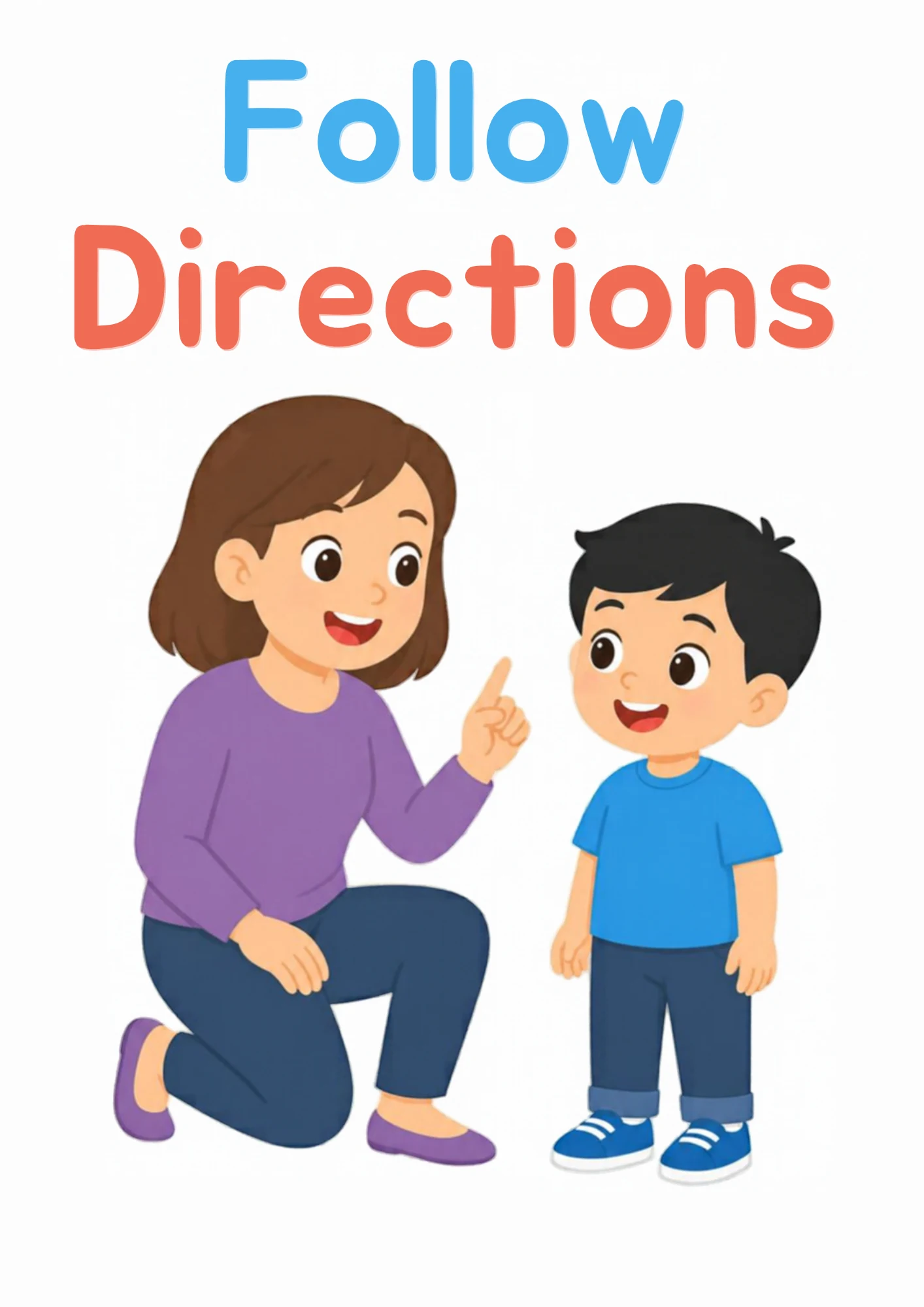 A life-skills flashcard: a grown-up giving directions and a boy following them happily.