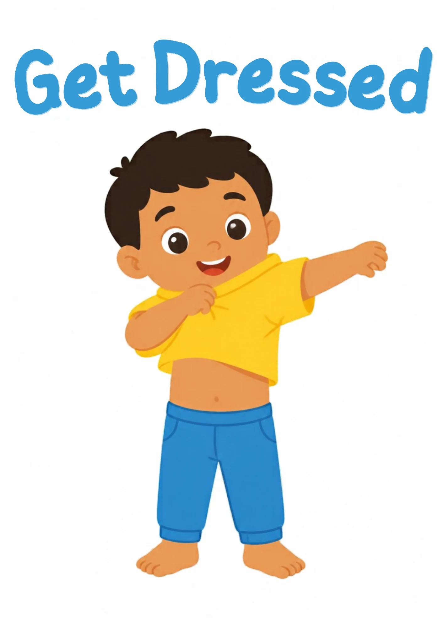 A life-skills flashcard: a boy pulling his shirt on by himself, getting dressed.