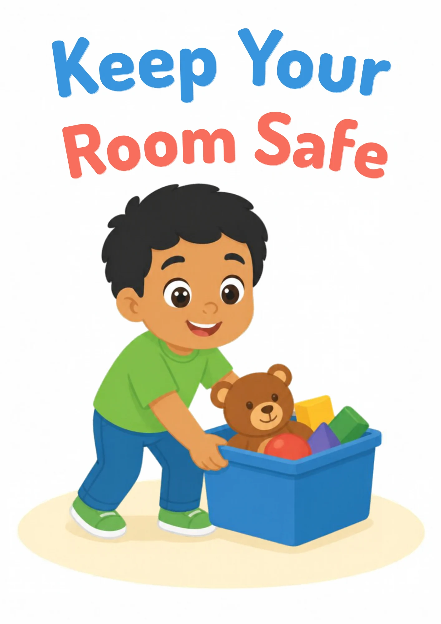 A life-skills flashcard: a boy keeping his room safe by tidying toys from the floor.