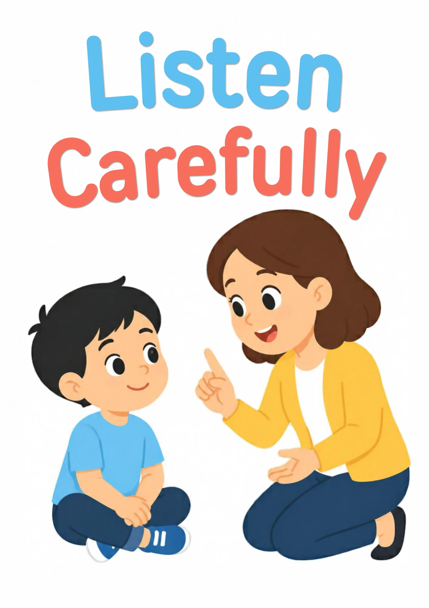A life-skills flashcard: a boy listening carefully to a grown-up talking to him.