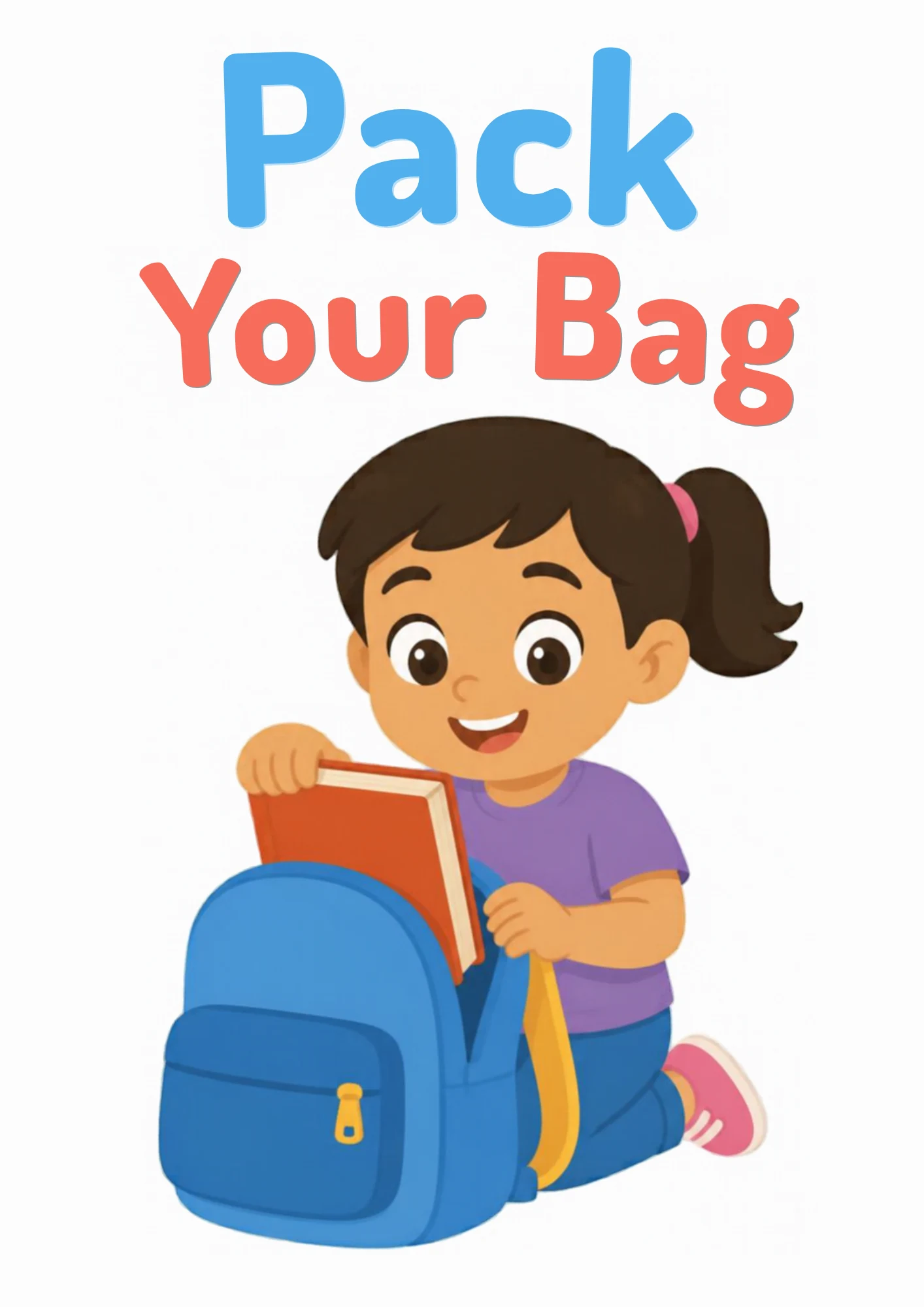 A life-skills flashcard: a girl packing a book into her school backpack.