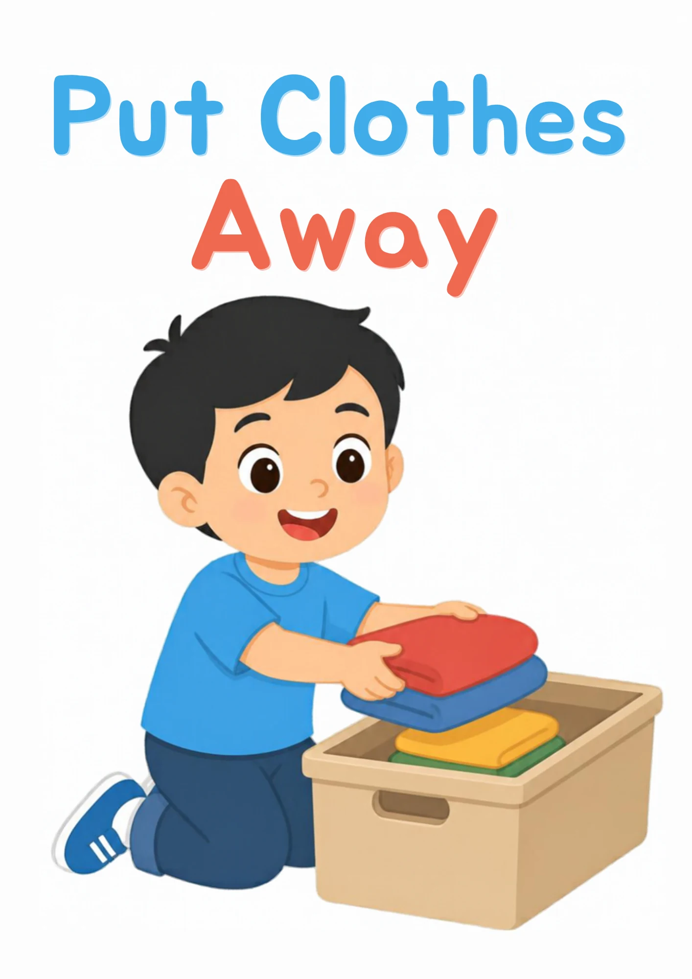 A life-skills flashcard: a boy folding and putting his clothes away into a box.