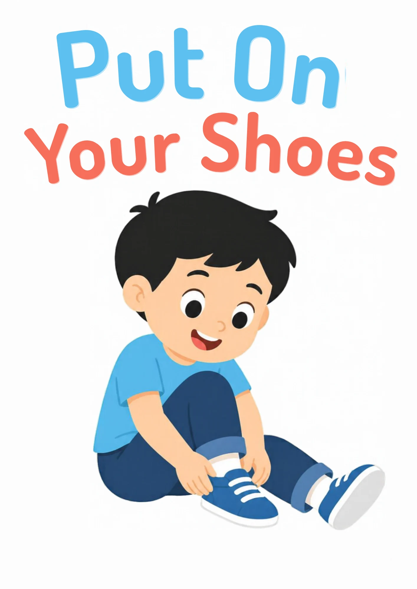 A life-skills flashcard: a boy putting on his sneakers by himself.